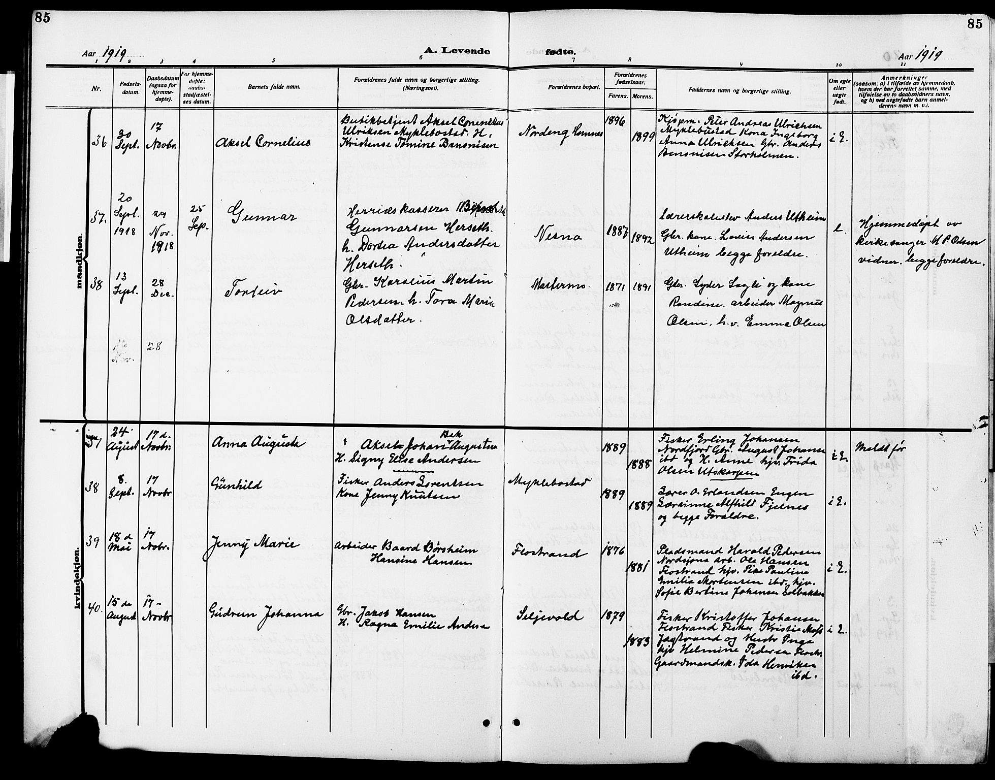 Ministerialprotokoller, klokkerbøker og fødselsregistre - Nordland, AV/SAT-A-1459/838/L0560: Parish register (copy) no. 838C07, 1910-1928, p. 85