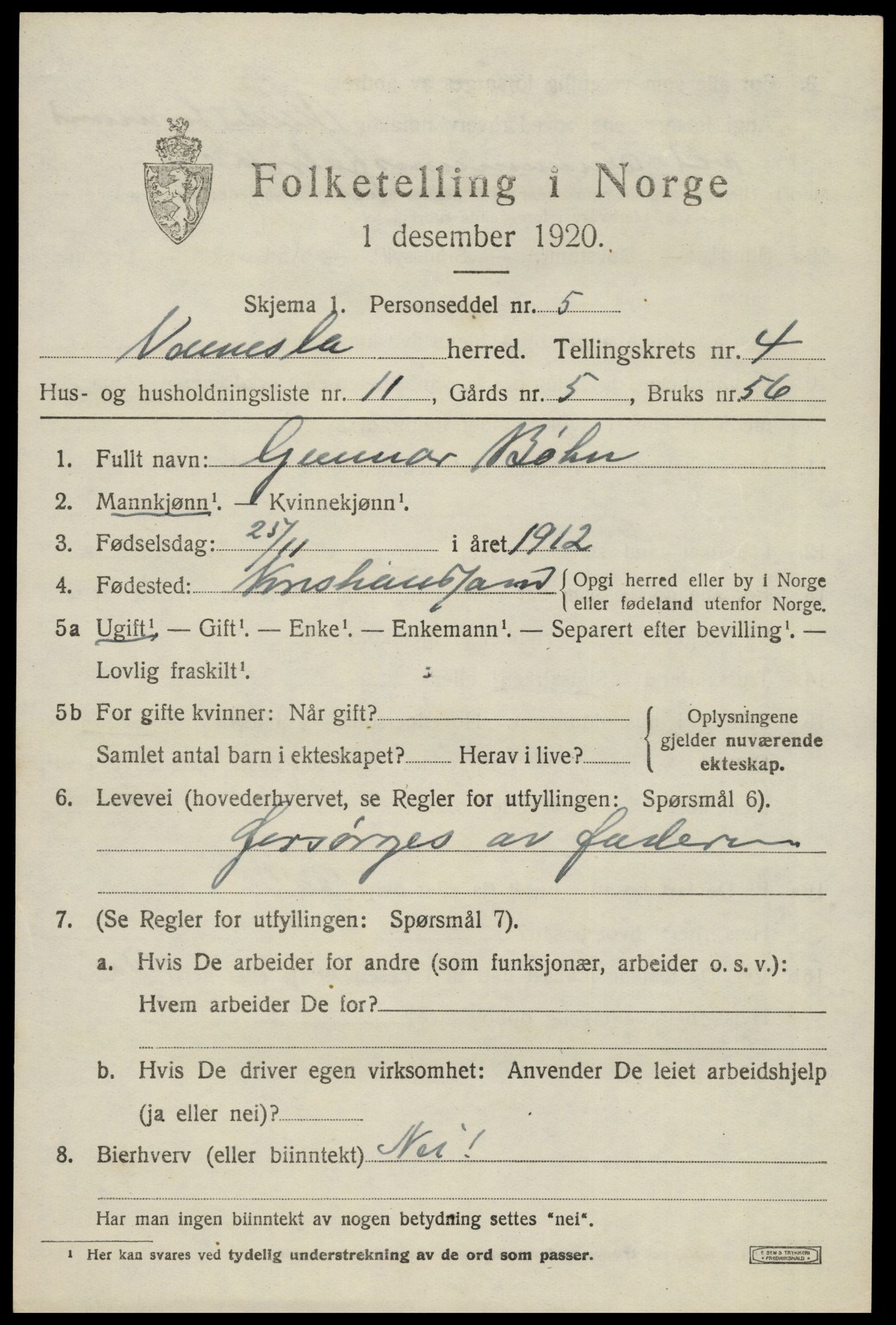 SAK, 1920 census for Vennesla, 1920, p. 2978