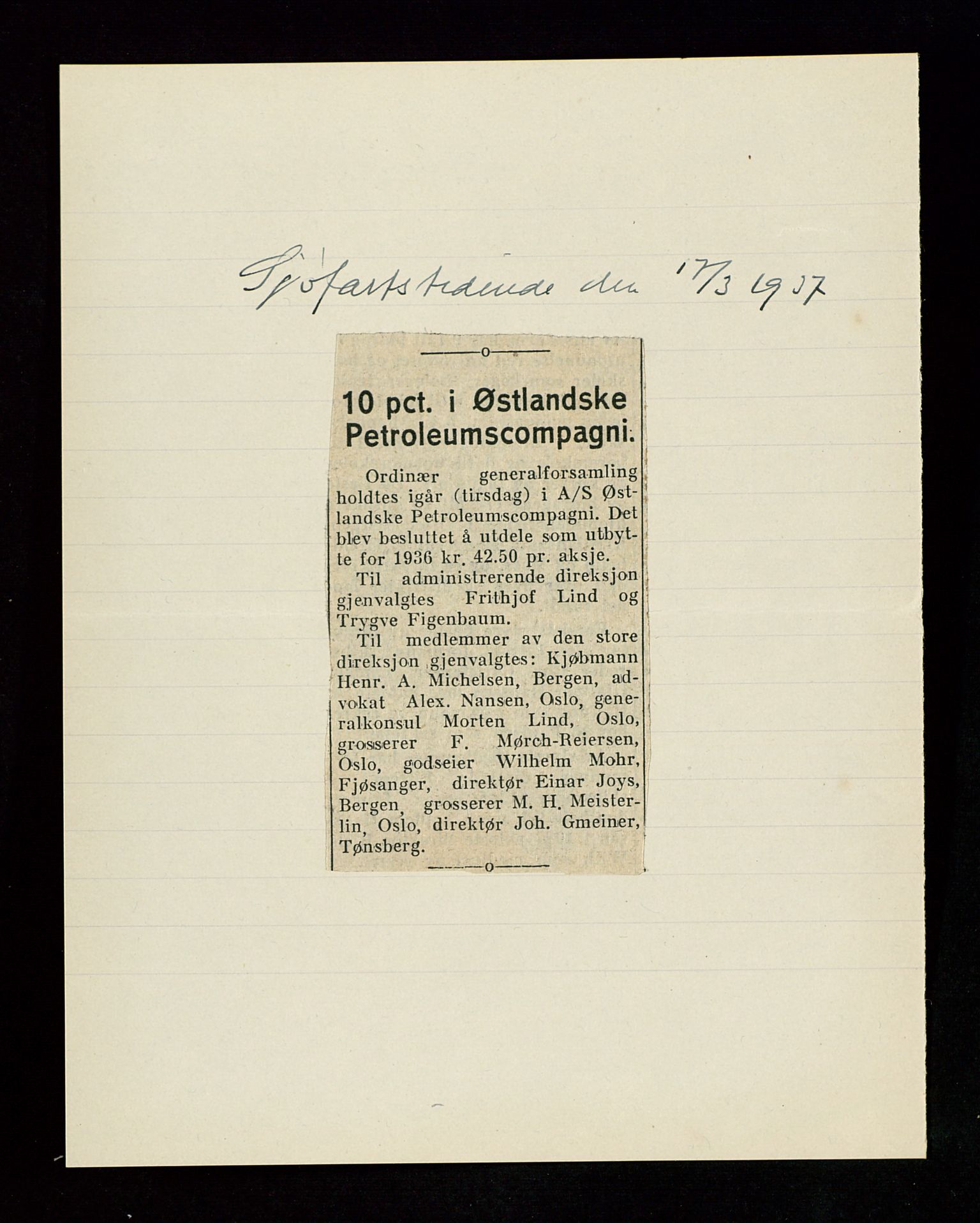 PA 1534 - Østlandske Petroleumscompagni A/S, SAST/A-101954/A/Aa/L0002/0006: Generalforsamlinger. / Generalforsamling, 1937, p. 3
