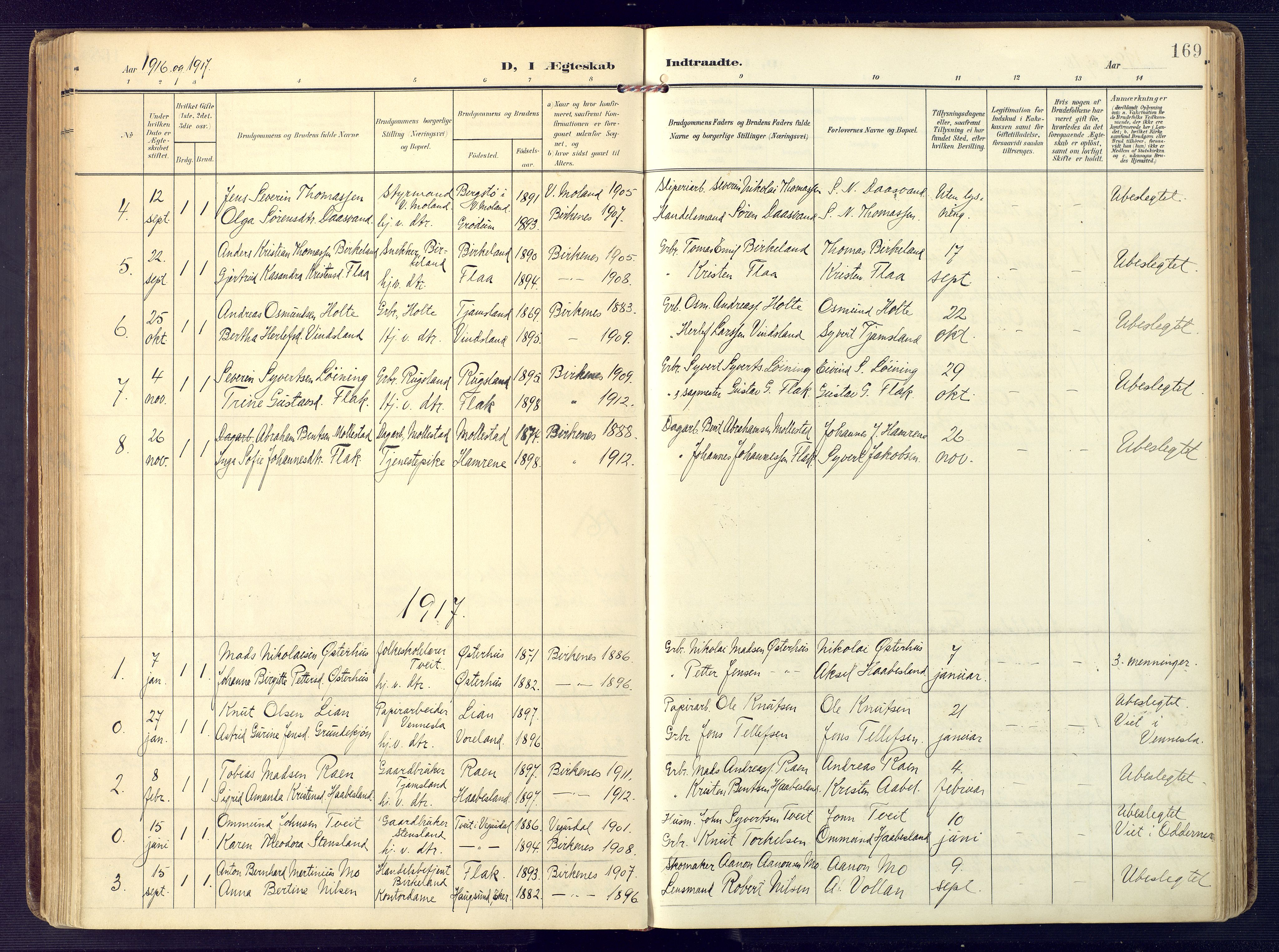Birkenes sokneprestkontor, SAK/1111-0004/F/Fa/L0006: Parish register (official) no. A 6, 1908-1932, p. 169