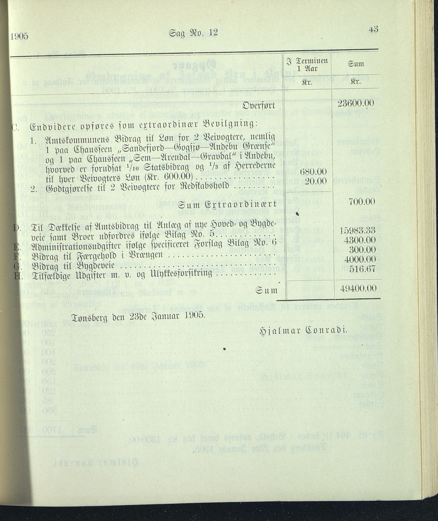 Vestfold fylkeskommune. Fylkestinget, VEMU/A-1315/A/Ab/Abb/L0052: Fylkestingsforhandlinger, 1905, p. 43