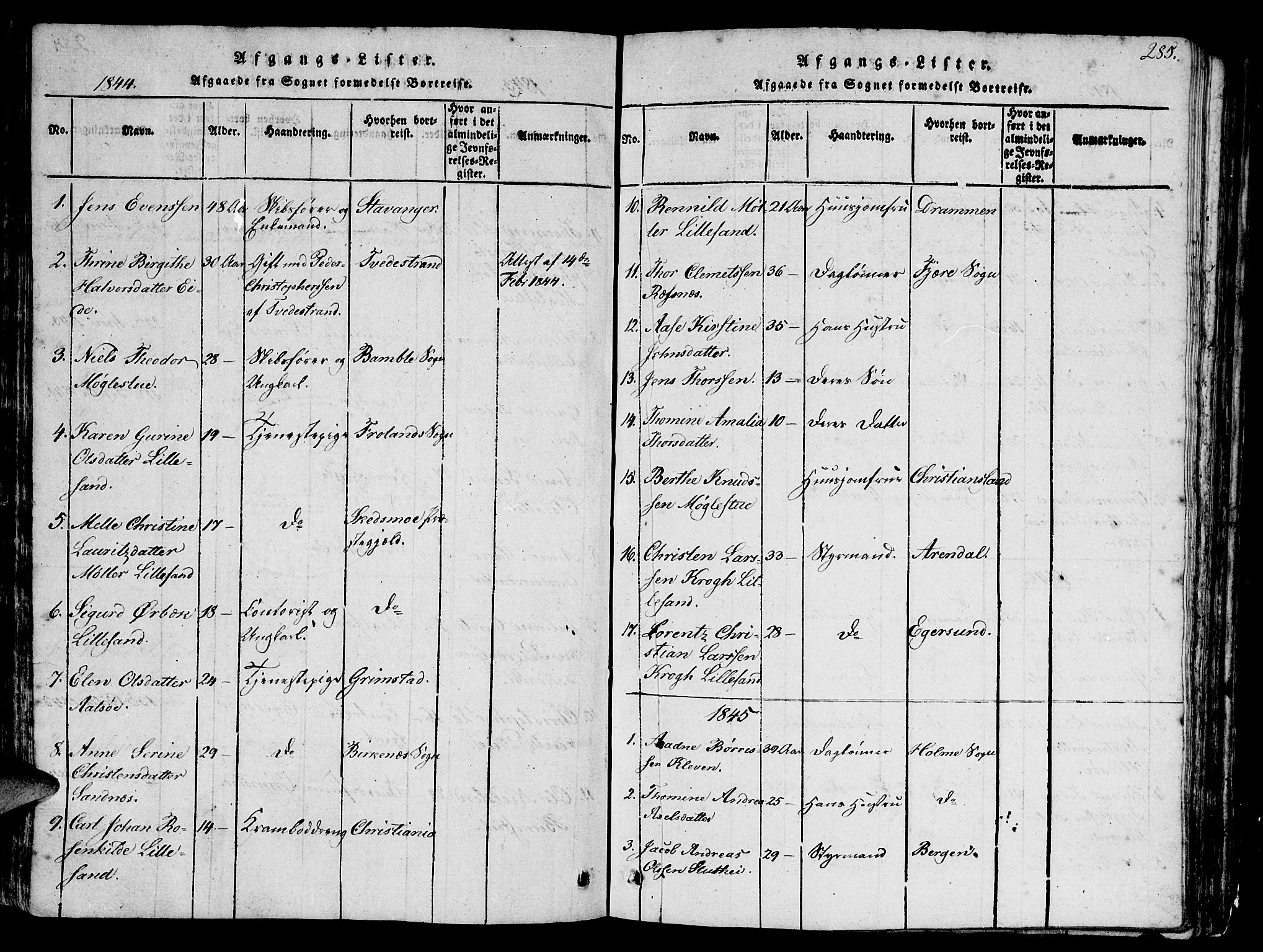 Vestre Moland sokneprestkontor, SAK/1111-0046/F/Fb/Fbb/L0001: Parish register (copy) no. B 1, 1816-1851, p. 285