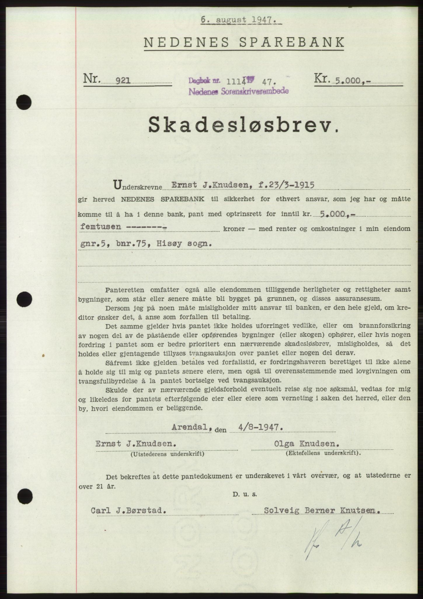 Nedenes sorenskriveri, AV/SAK-1221-0006/G/Gb/Gbb/L0004: Mortgage book no. B4, 1947-1947, Diary no: : 1114/1947