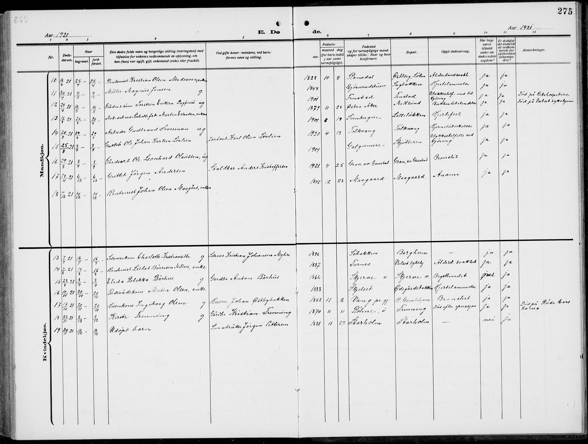 Romedal prestekontor, SAH/PREST-004/L/L0014: Parish register (copy) no. 14, 1915-1939, p. 275