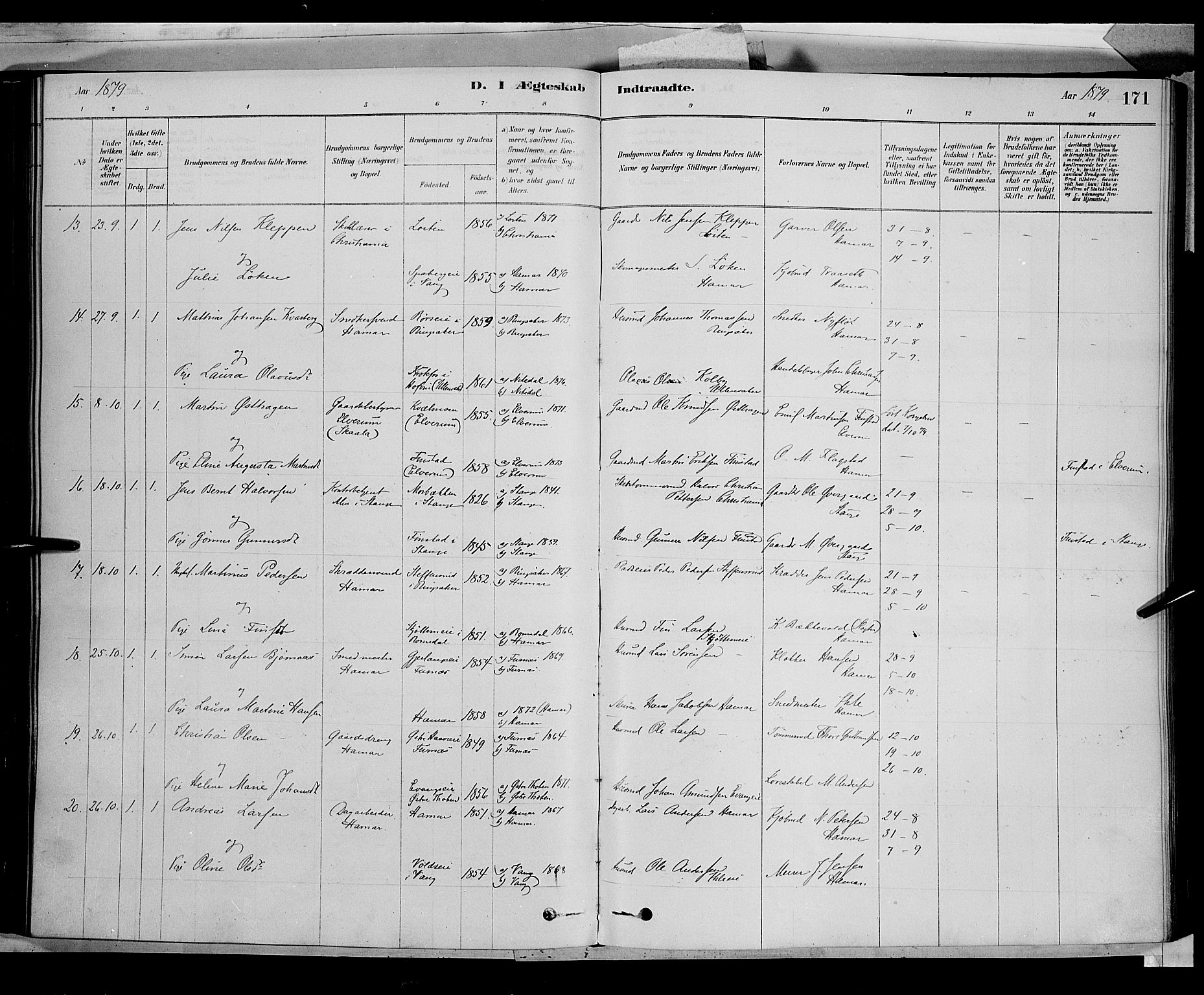 Vang prestekontor, Hedmark, AV/SAH-PREST-008/H/Ha/Haa/L0016: Parish register (official) no. 16, 1878-1889, p. 171