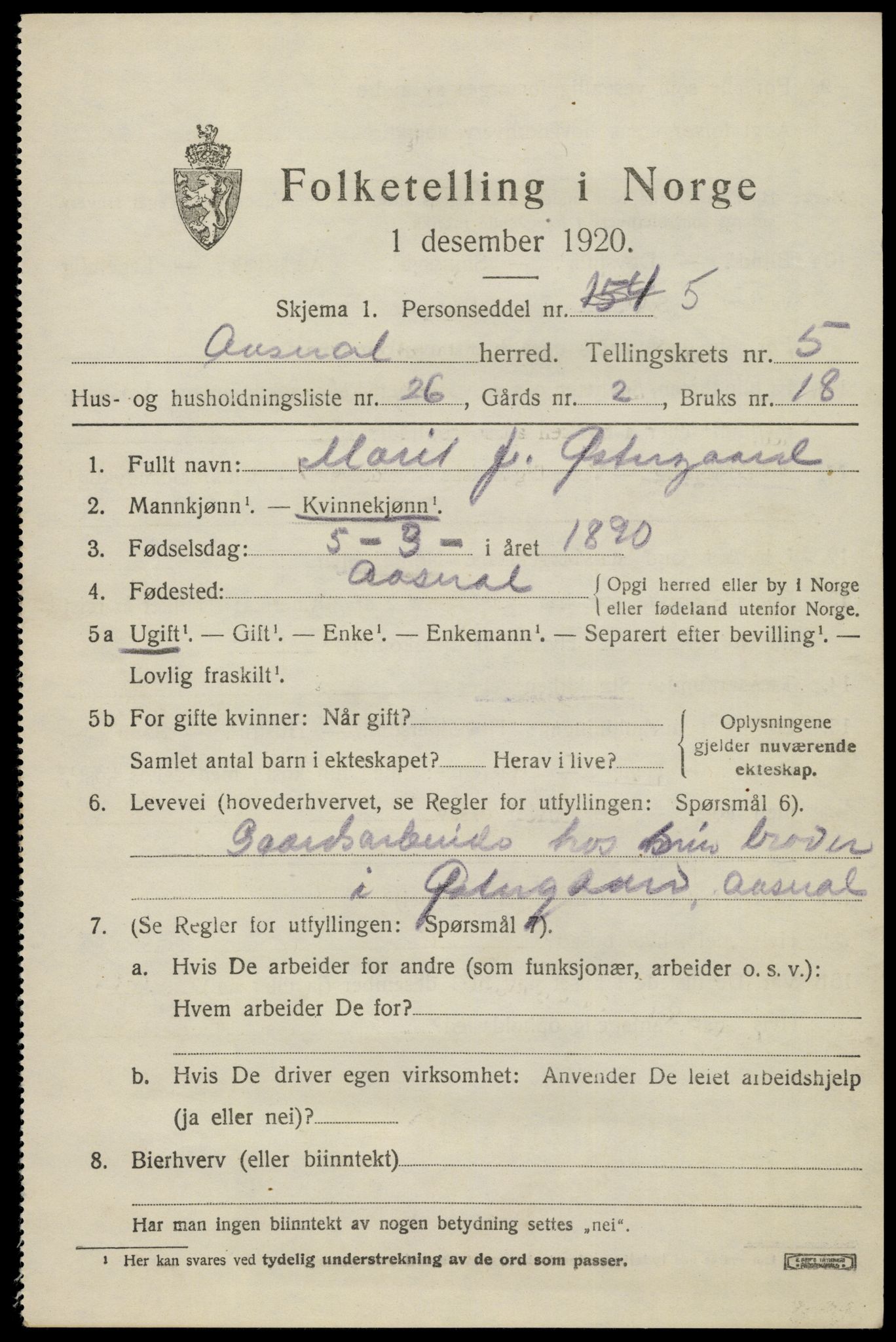 SAK, 1920 census for Åseral, 1920, p. 1770