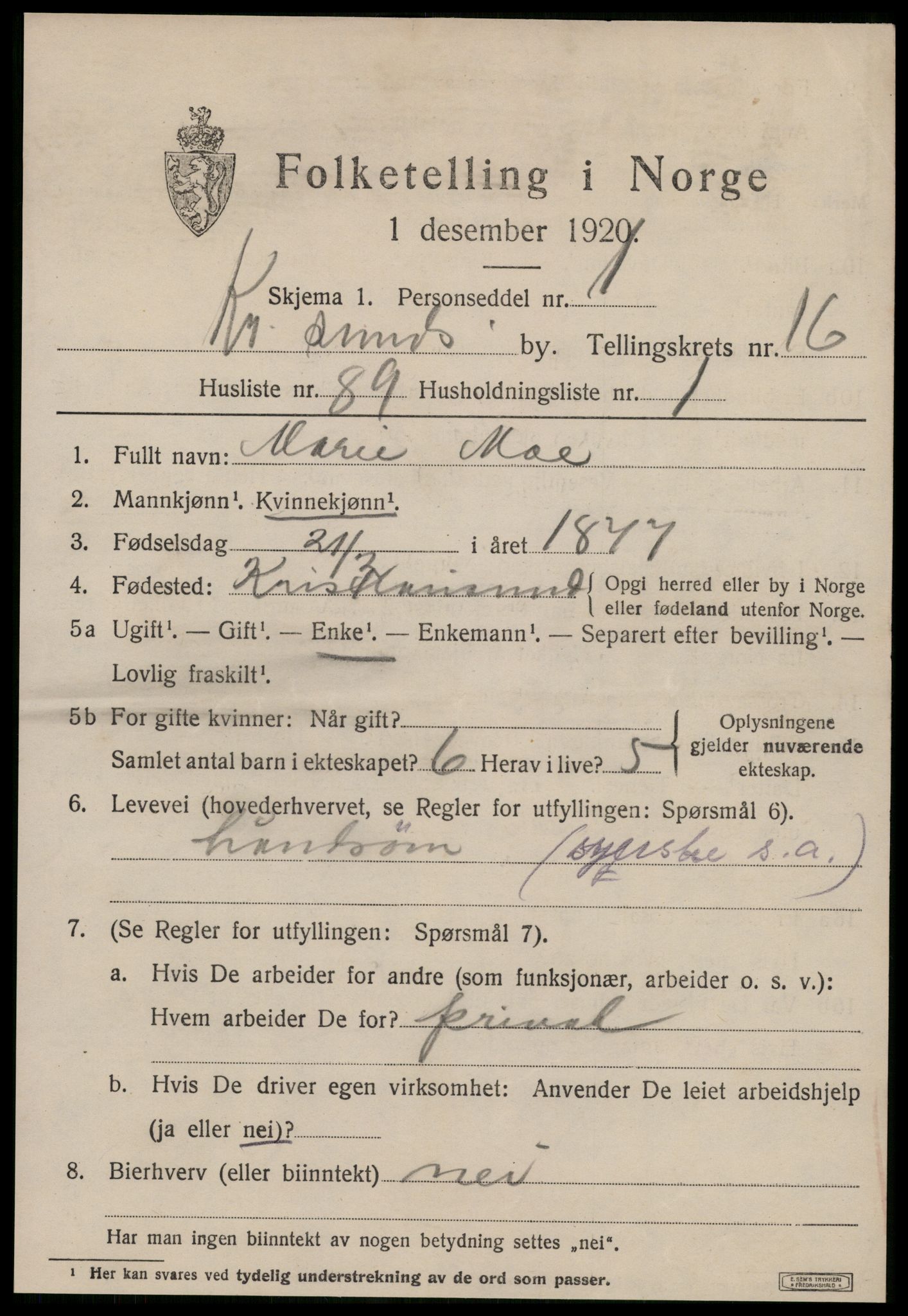 SAT, 1920 census for Kristiansund, 1920, p. 35881