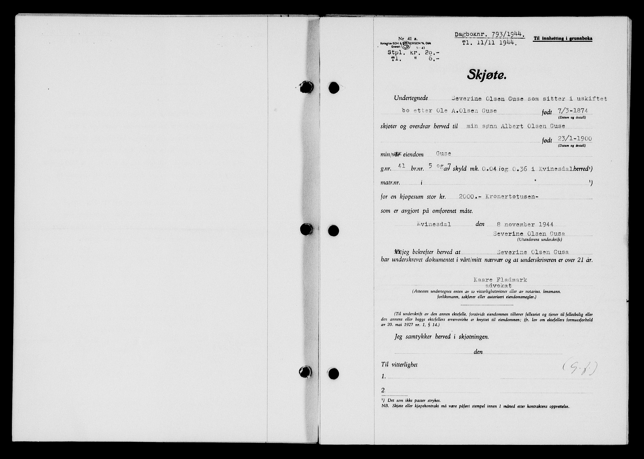 Flekkefjord sorenskriveri, SAK/1221-0001/G/Gb/Gba/L0059: Mortgage book no. A-7, 1944-1945, Diary no: : 793/1944