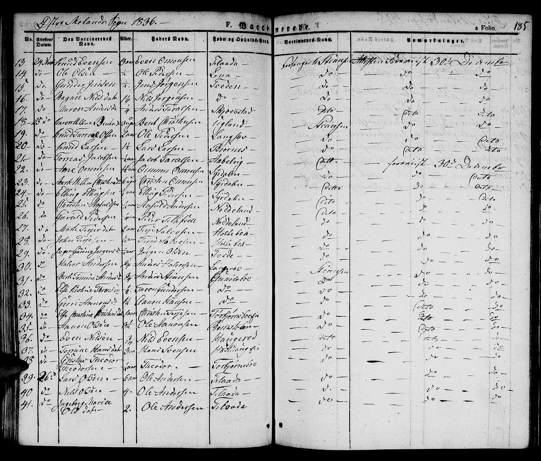 Austre Moland sokneprestkontor, AV/SAK-1111-0001/F/Fa/Faa/L0005: Parish register (official) no. A 5, 1825-1837, p. 185