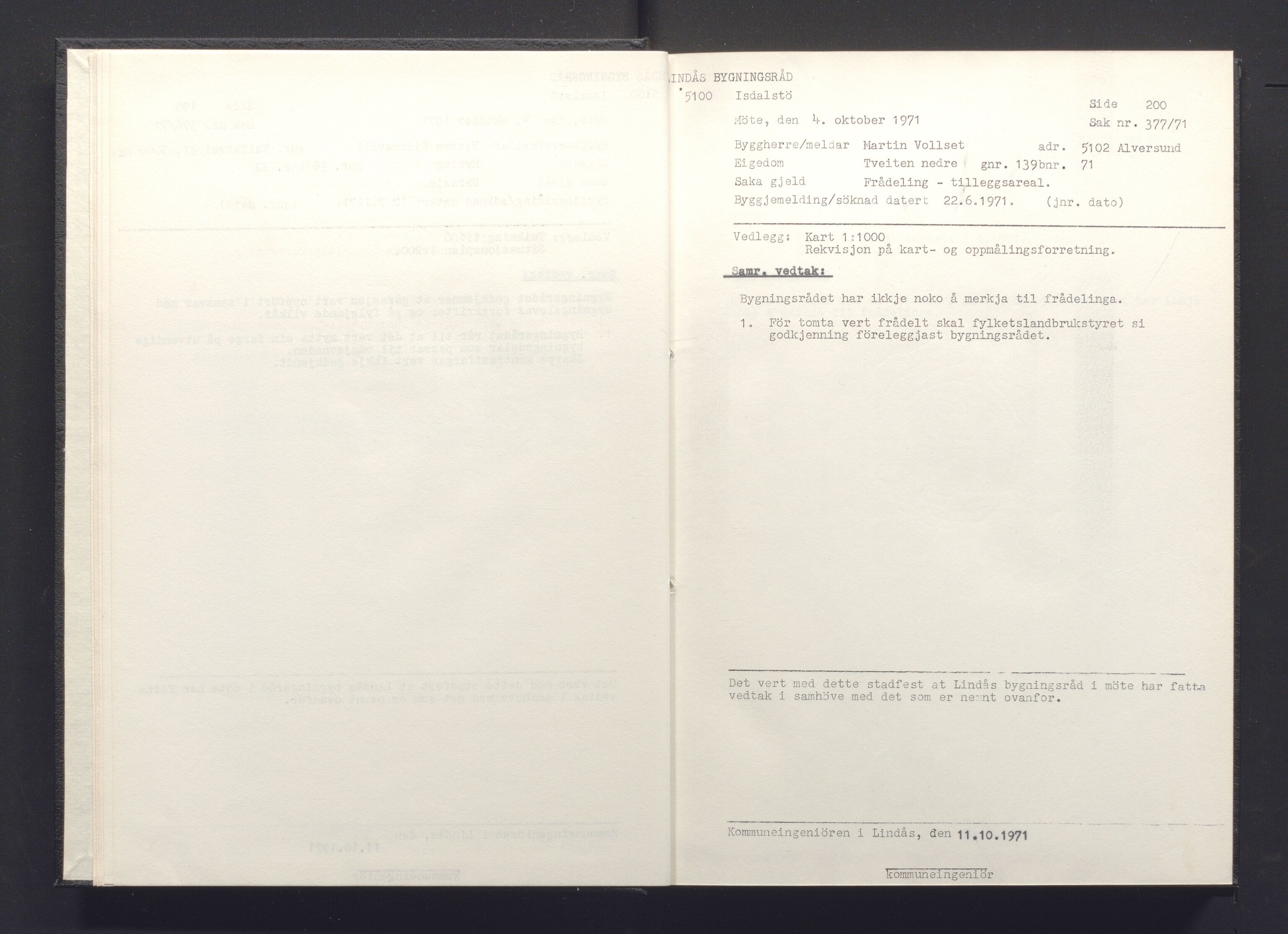 Lindås kommune. Bygningsrådet, IKAH/1263-511/A/Aa/L0008: Møtebok for Lindås bygningsråd, 1971