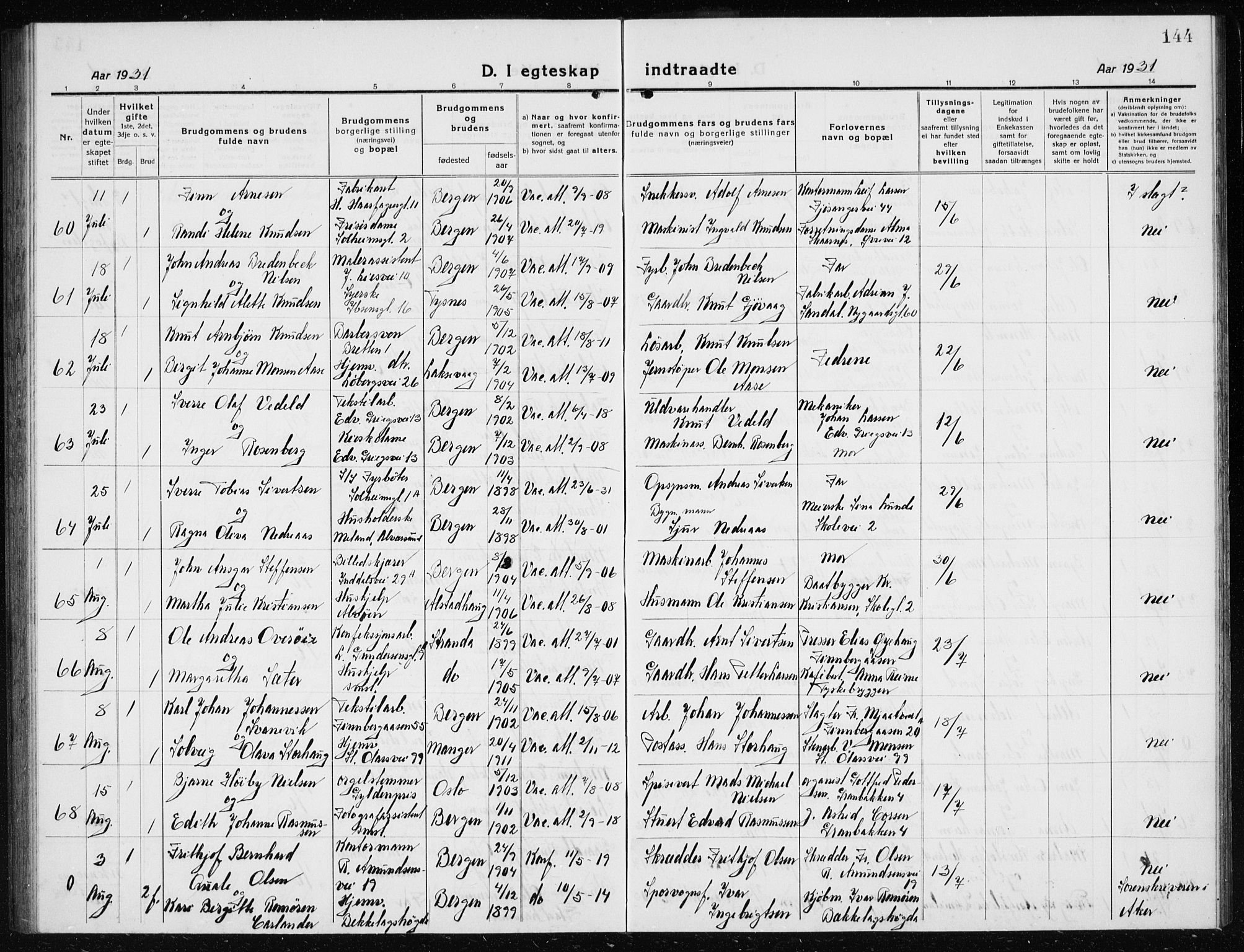 Årstad Sokneprestembete, AV/SAB-A-79301/H/Hab/L0020: Parish register (copy) no. C  2, 1920-1935, p. 144