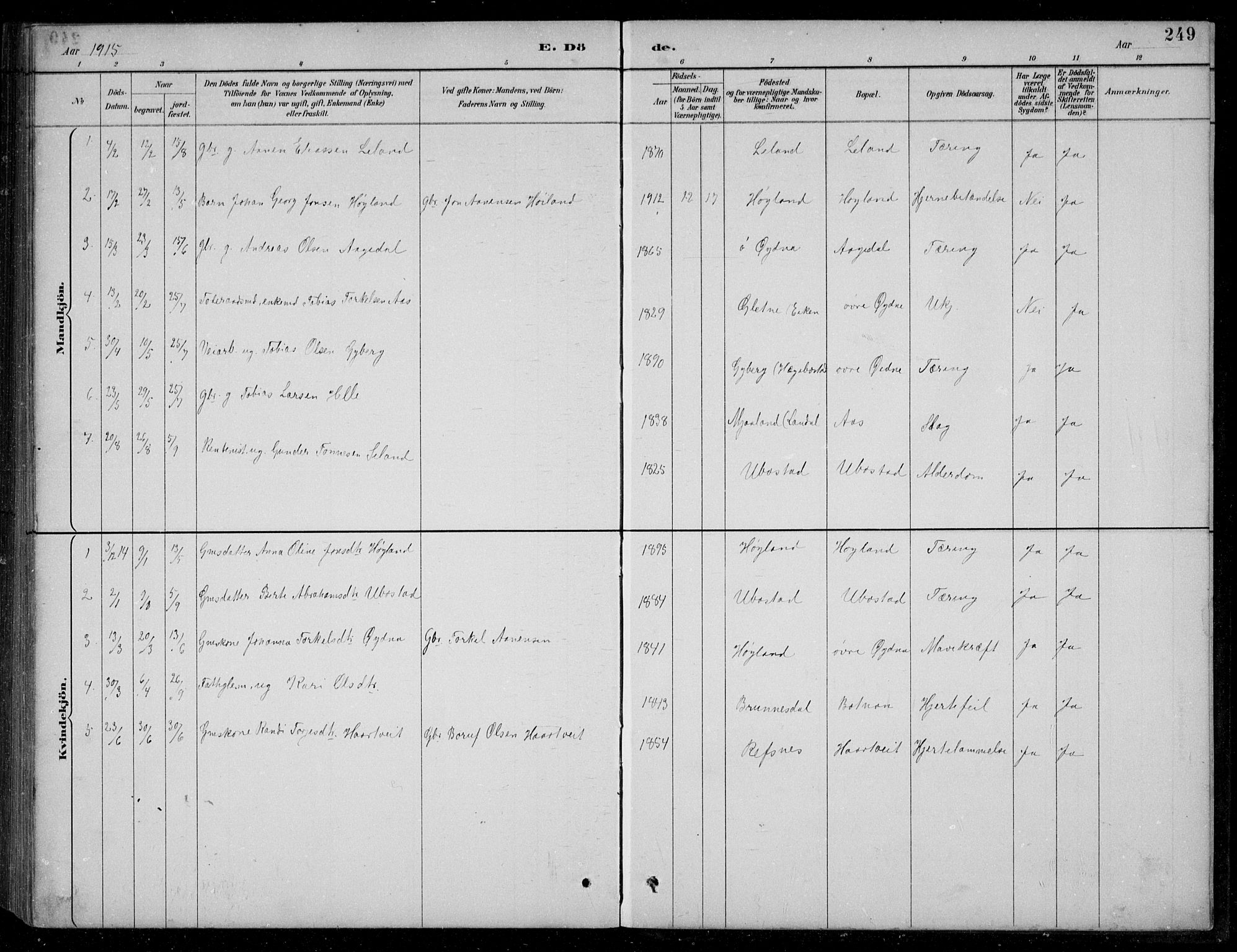 Bjelland sokneprestkontor, SAK/1111-0005/F/Fb/Fbc/L0003: Parish register (copy) no. B 3, 1887-1924, p. 249