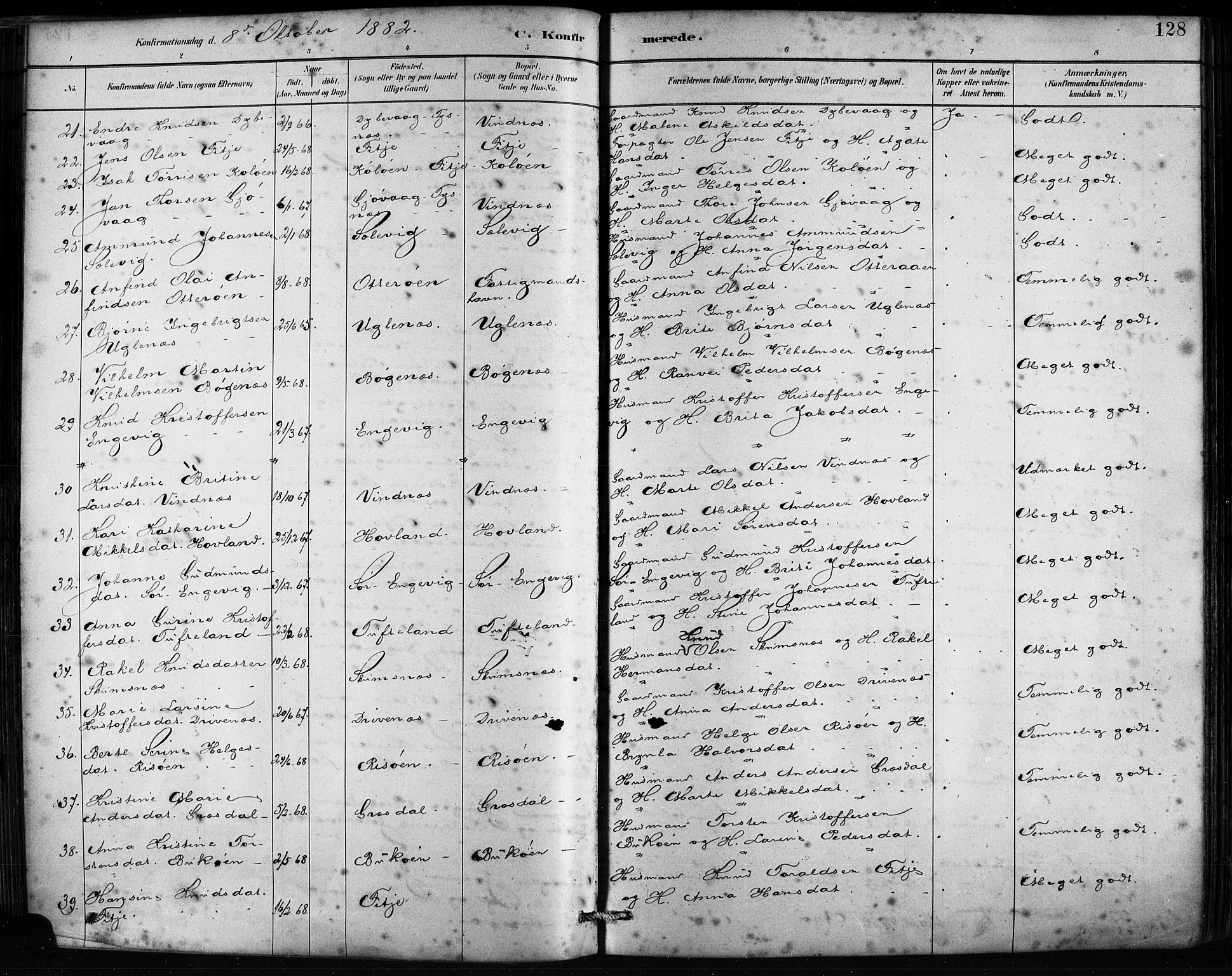 Fitjar sokneprestembete, SAB/A-99926: Parish register (official) no. A 2, 1882-1899, p. 128