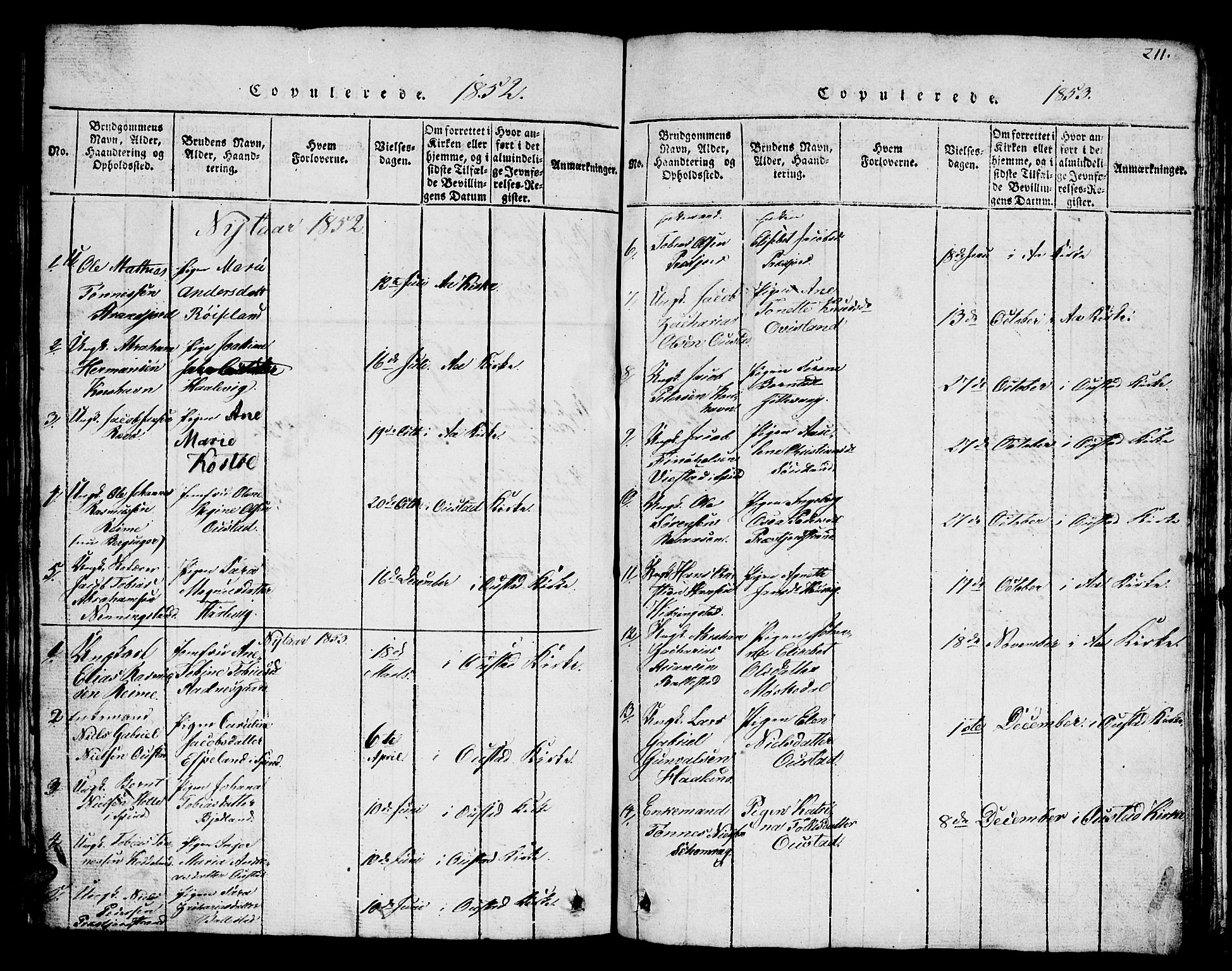 Lyngdal sokneprestkontor, SAK/1111-0029/F/Fb/Fba/L0001: Parish register (copy) no. B 1, 1816-1876, p. 211