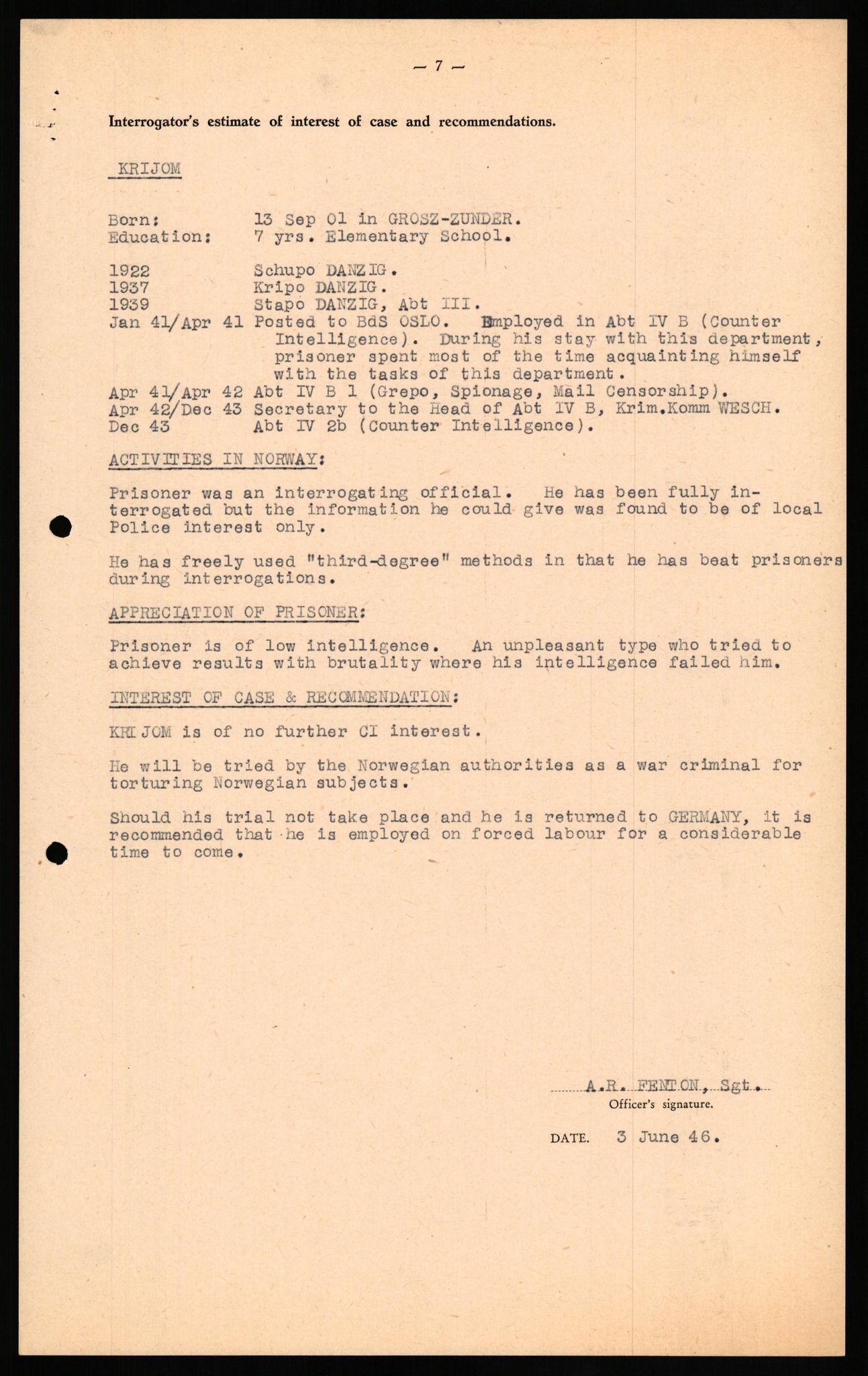 Forsvaret, Forsvarets overkommando II, AV/RA-RAFA-3915/D/Db/L0018: CI Questionaires. Tyske okkupasjonsstyrker i Norge. Tyskere., 1945-1946, p. 208