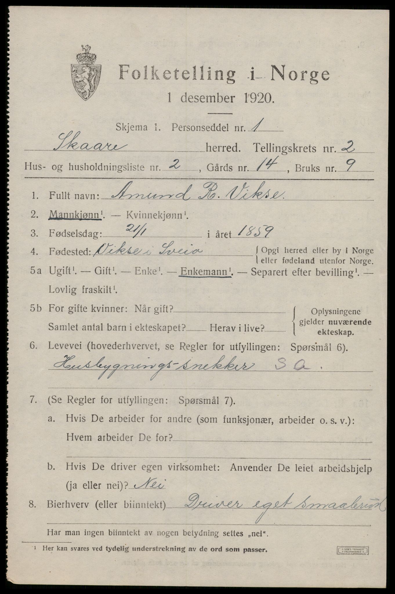 SAST, 1920 census for Skåre, 1920, p. 1272