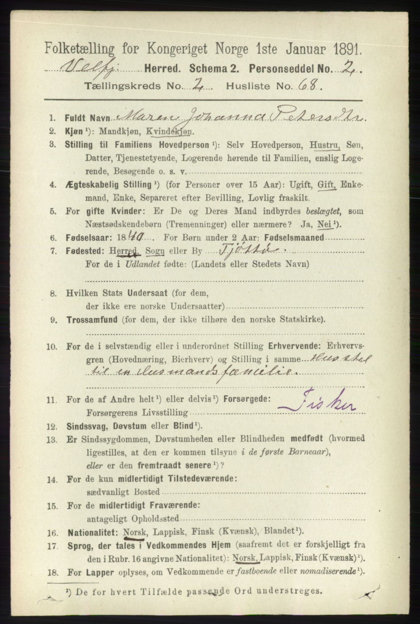 RA, 1891 census for 1813 Velfjord, 1891, p. 937