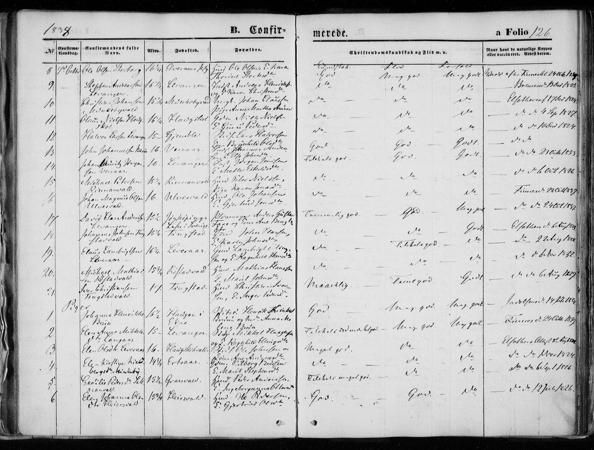 Ministerialprotokoller, klokkerbøker og fødselsregistre - Nord-Trøndelag, AV/SAT-A-1458/720/L0183: Parish register (official) no. 720A01, 1836-1855, p. 126