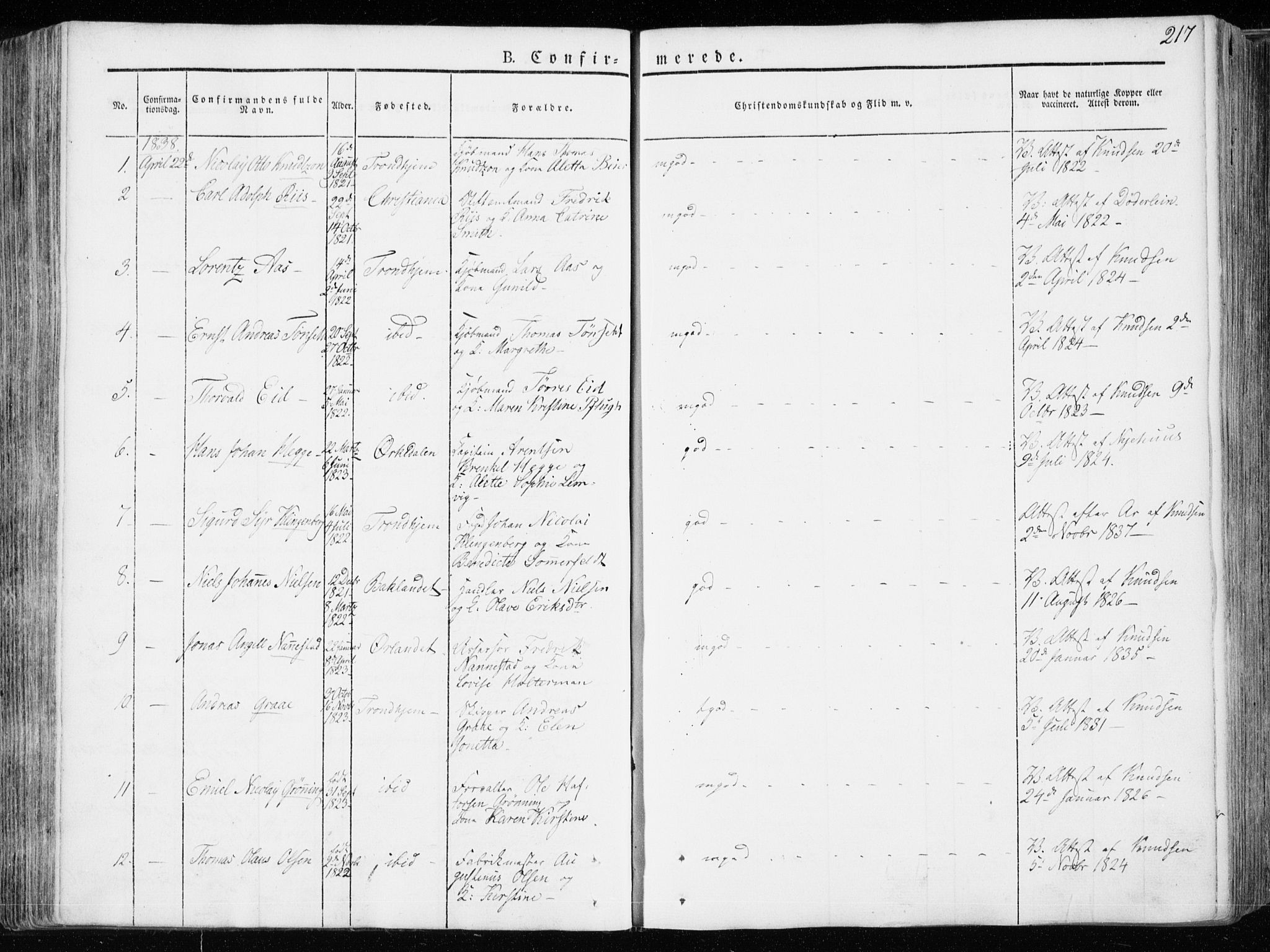 Ministerialprotokoller, klokkerbøker og fødselsregistre - Sør-Trøndelag, SAT/A-1456/601/L0047: Parish register (official) no. 601A15, 1831-1839, p. 217