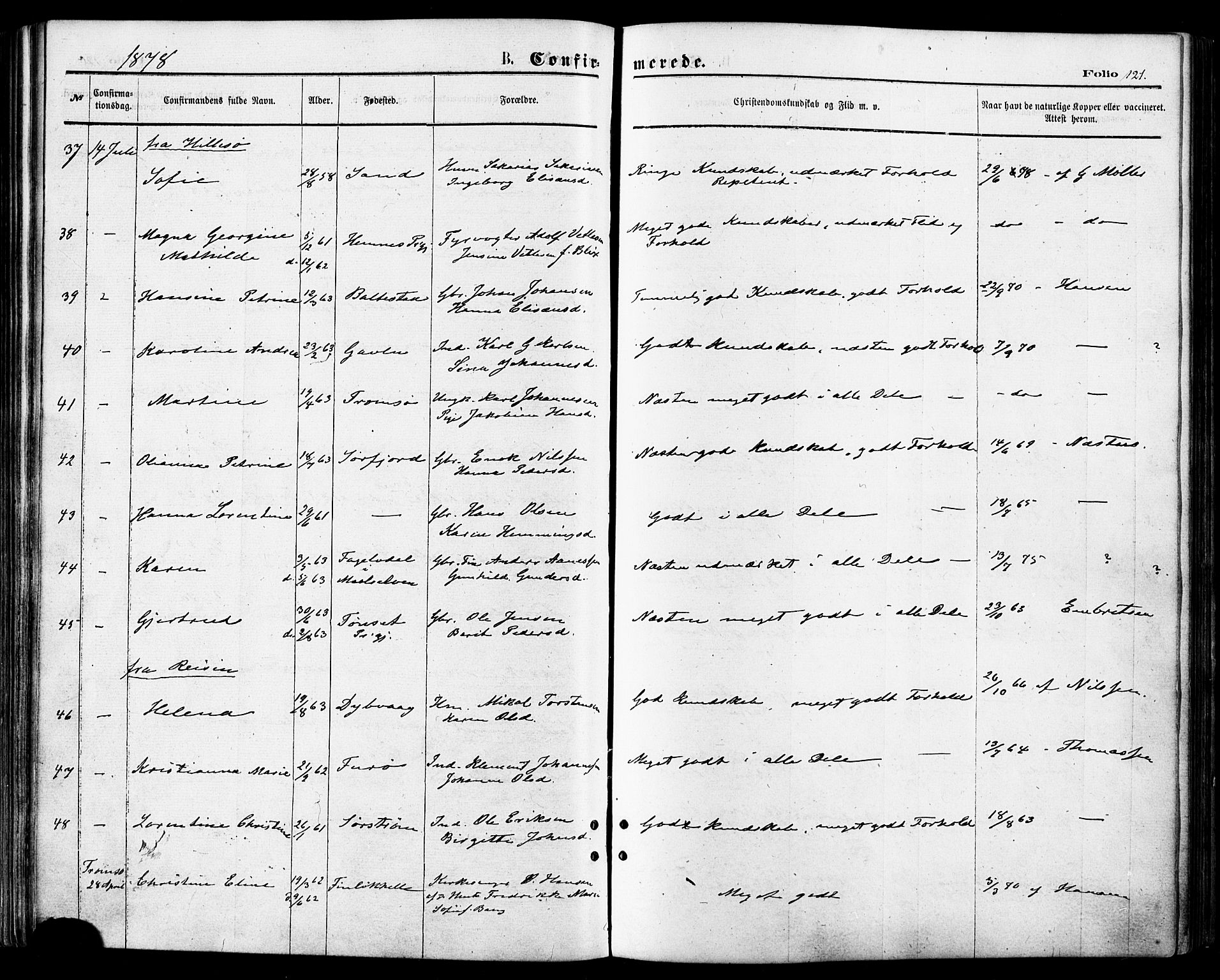 Lenvik sokneprestembete, SATØ/S-1310/H/Ha/Haa/L0010kirke: Parish register (official) no. 10, 1873-1880, p. 121
