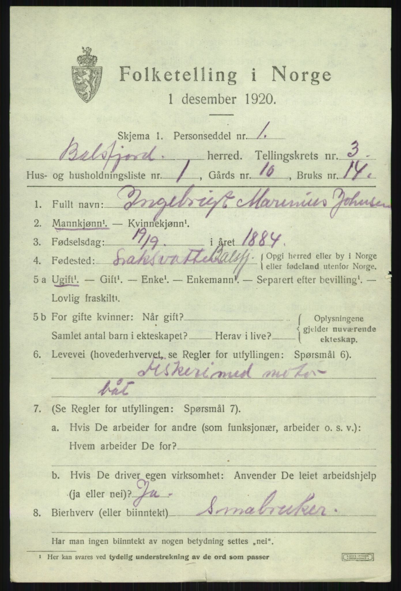 SATØ, 1920 census for Balsfjord, 1920, p. 2114