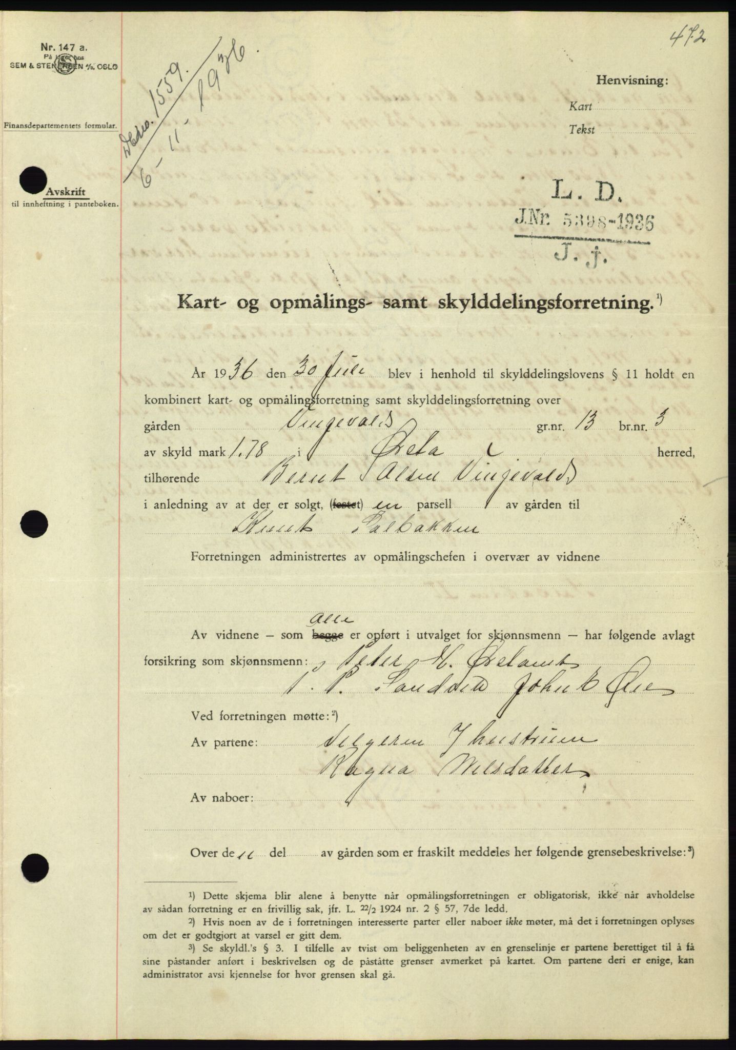 Søre Sunnmøre sorenskriveri, AV/SAT-A-4122/1/2/2C/L0061: Mortgage book no. 55, 1936-1936, Diary no: : 1559/1936