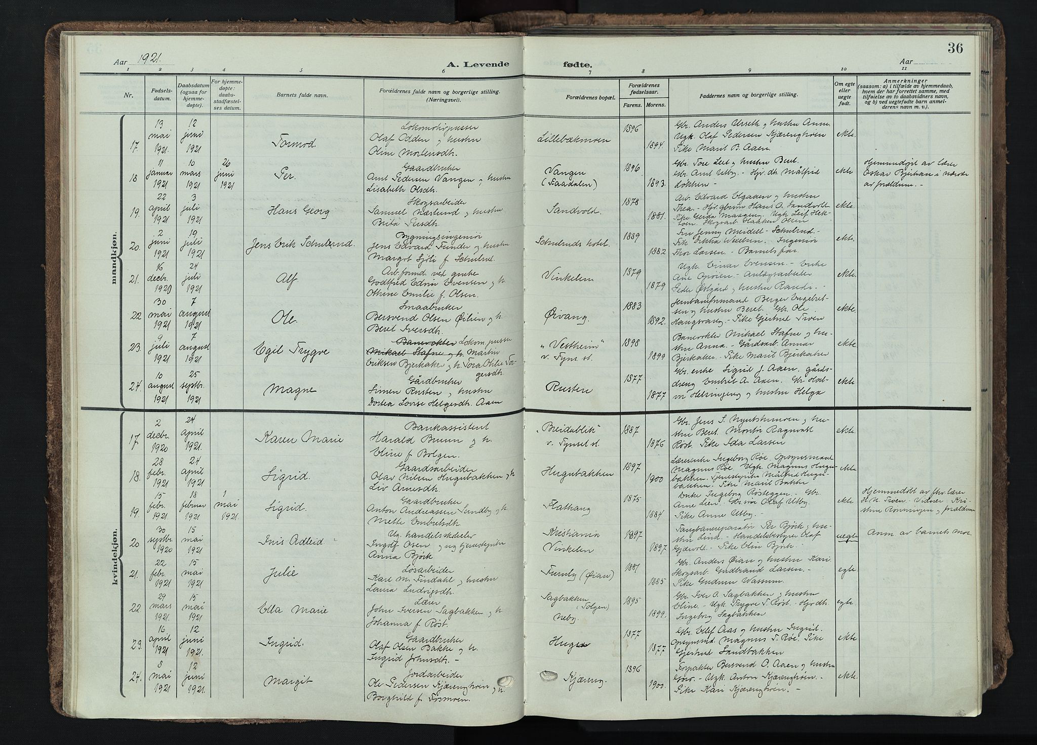 Tynset prestekontor, AV/SAH-PREST-058/H/Ha/Haa/L0026: Parish register (official) no. 26, 1915-1929, p. 36