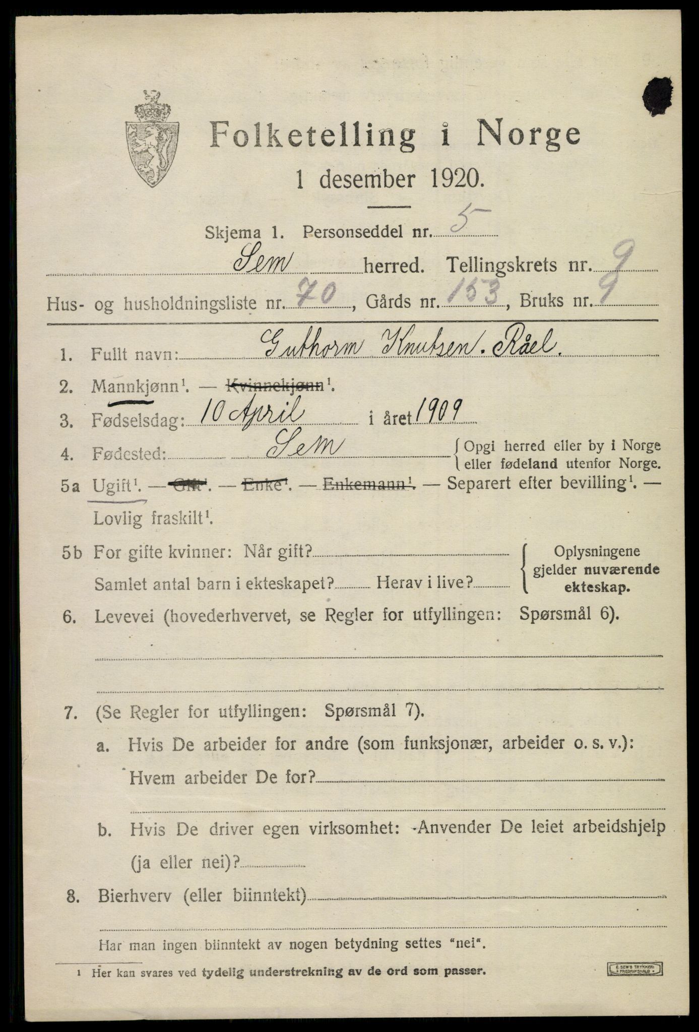 SAKO, 1920 census for Sem, 1920, p. 13389