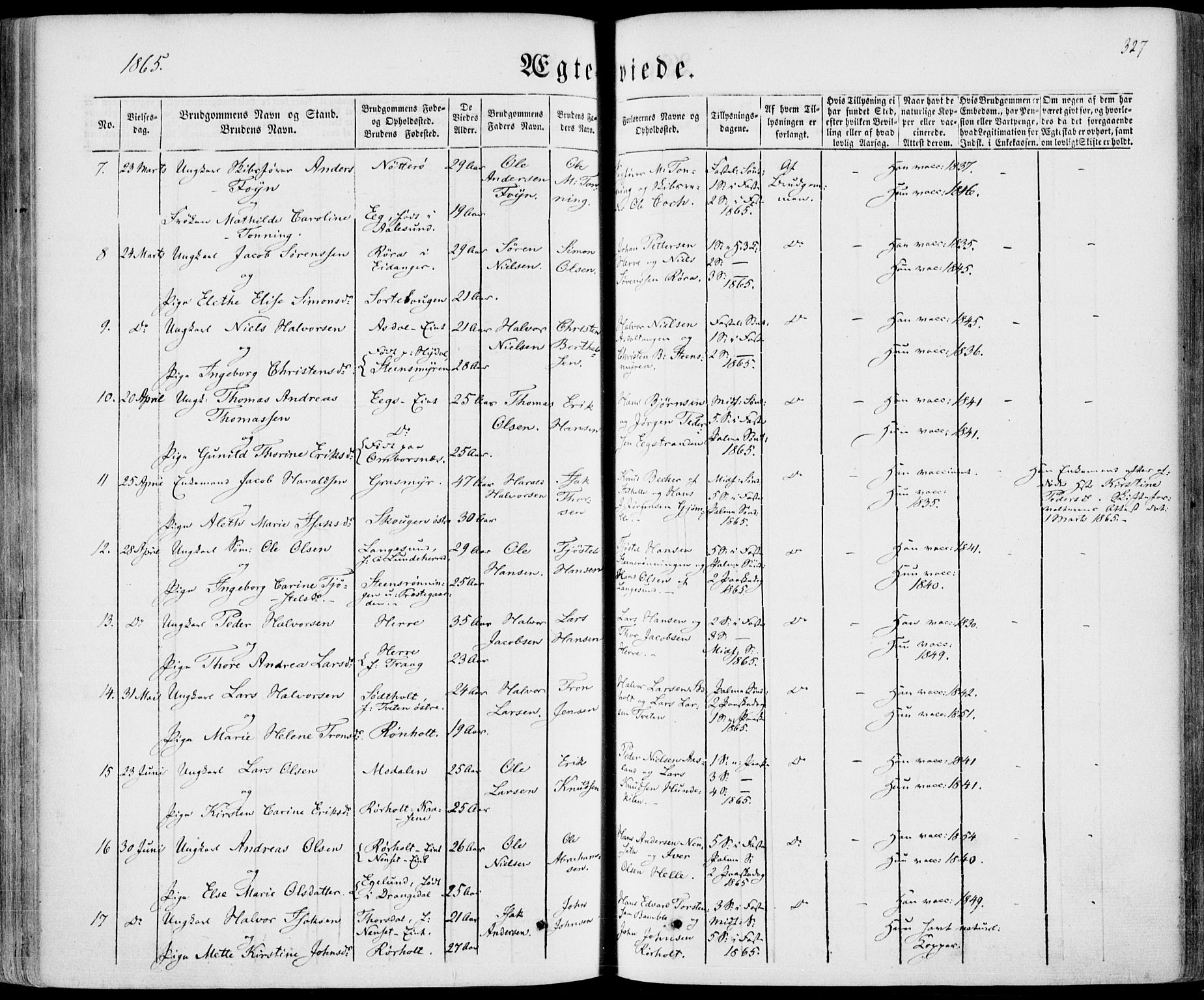 Bamble kirkebøker, SAKO/A-253/F/Fa/L0005: Parish register (official) no. I 5, 1854-1869, p. 327