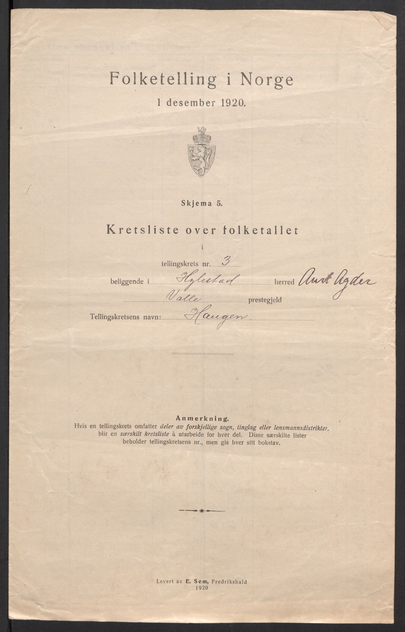 SAK, 1920 census for Hylestad, 1920, p. 15