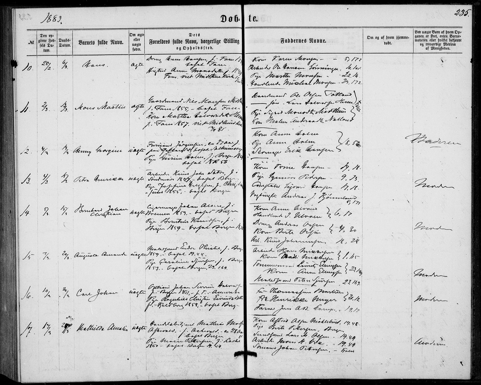 Fødselsstiftelsens sokneprestembete, ført av overlegen*, SAB/-: Parish register (official) no. A 1, 1863-1883, p. 235