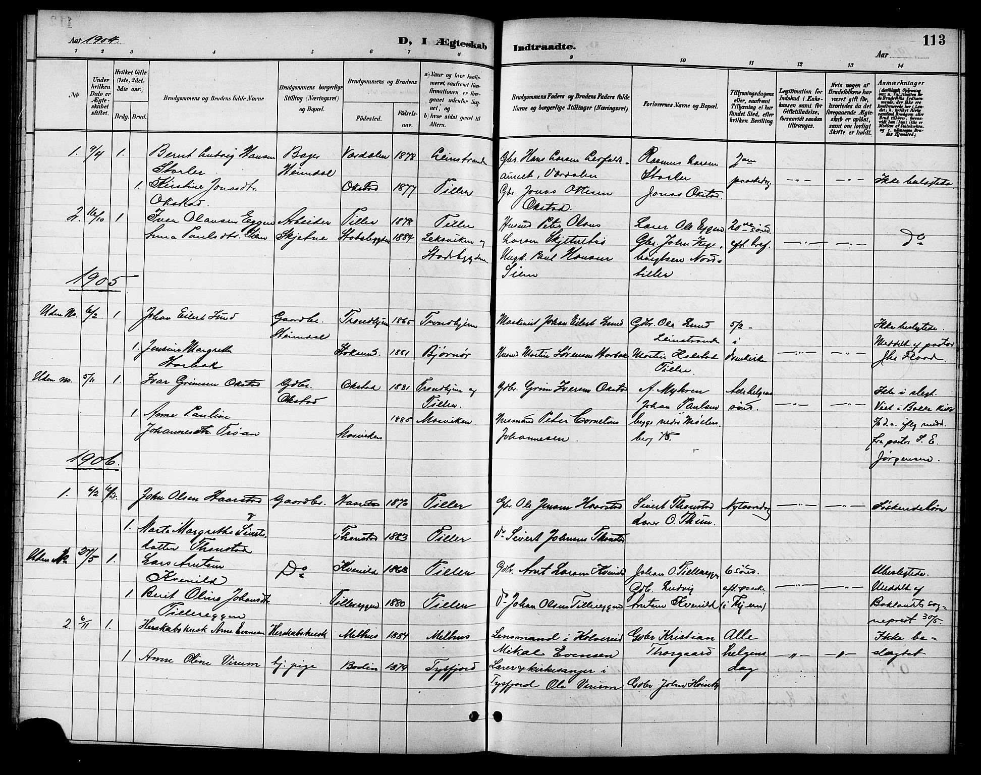 Ministerialprotokoller, klokkerbøker og fødselsregistre - Sør-Trøndelag, SAT/A-1456/621/L0460: Parish register (copy) no. 621C03, 1896-1914, p. 113