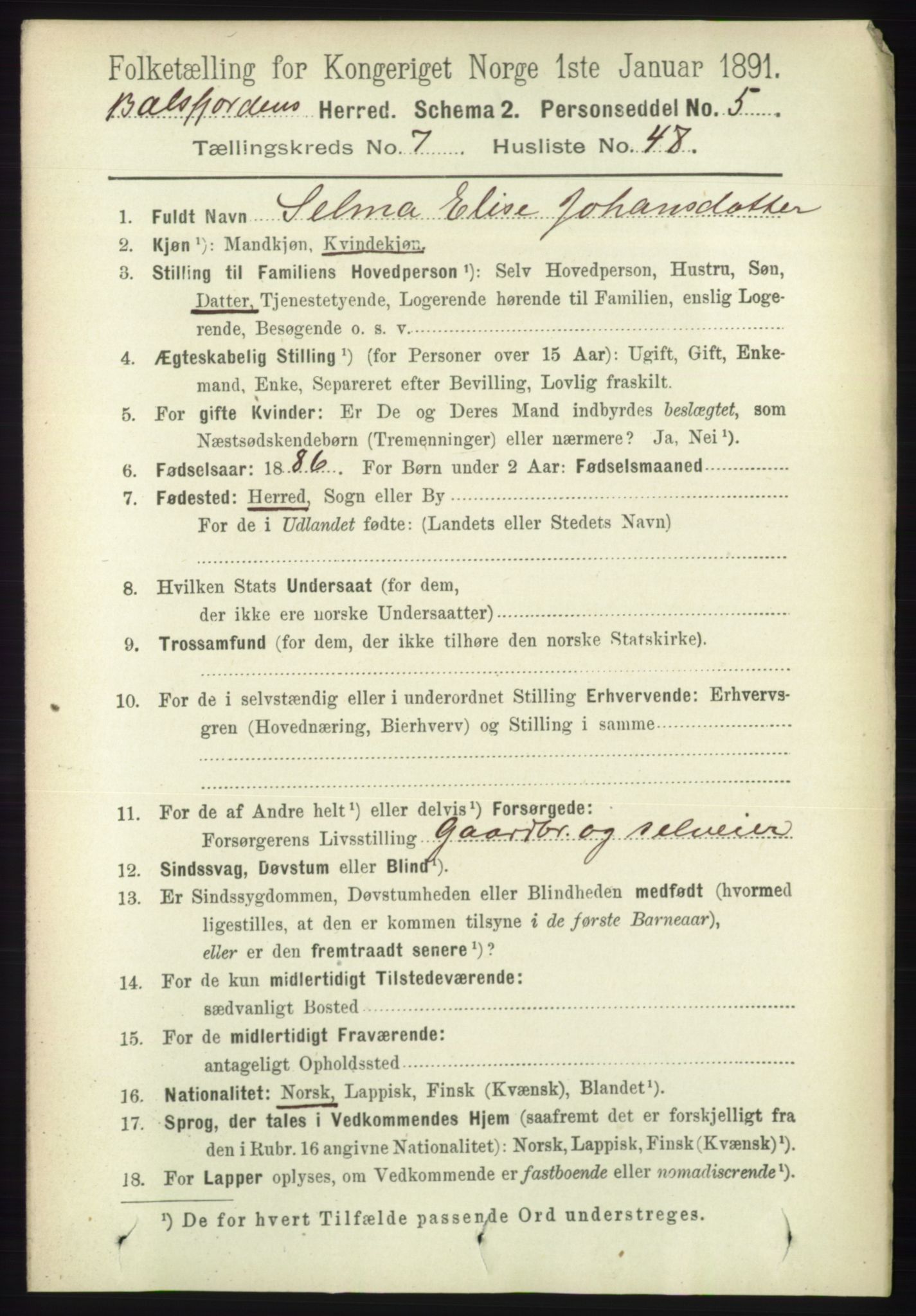 RA, 1891 census for 1933 Balsfjord, 1891, p. 2356