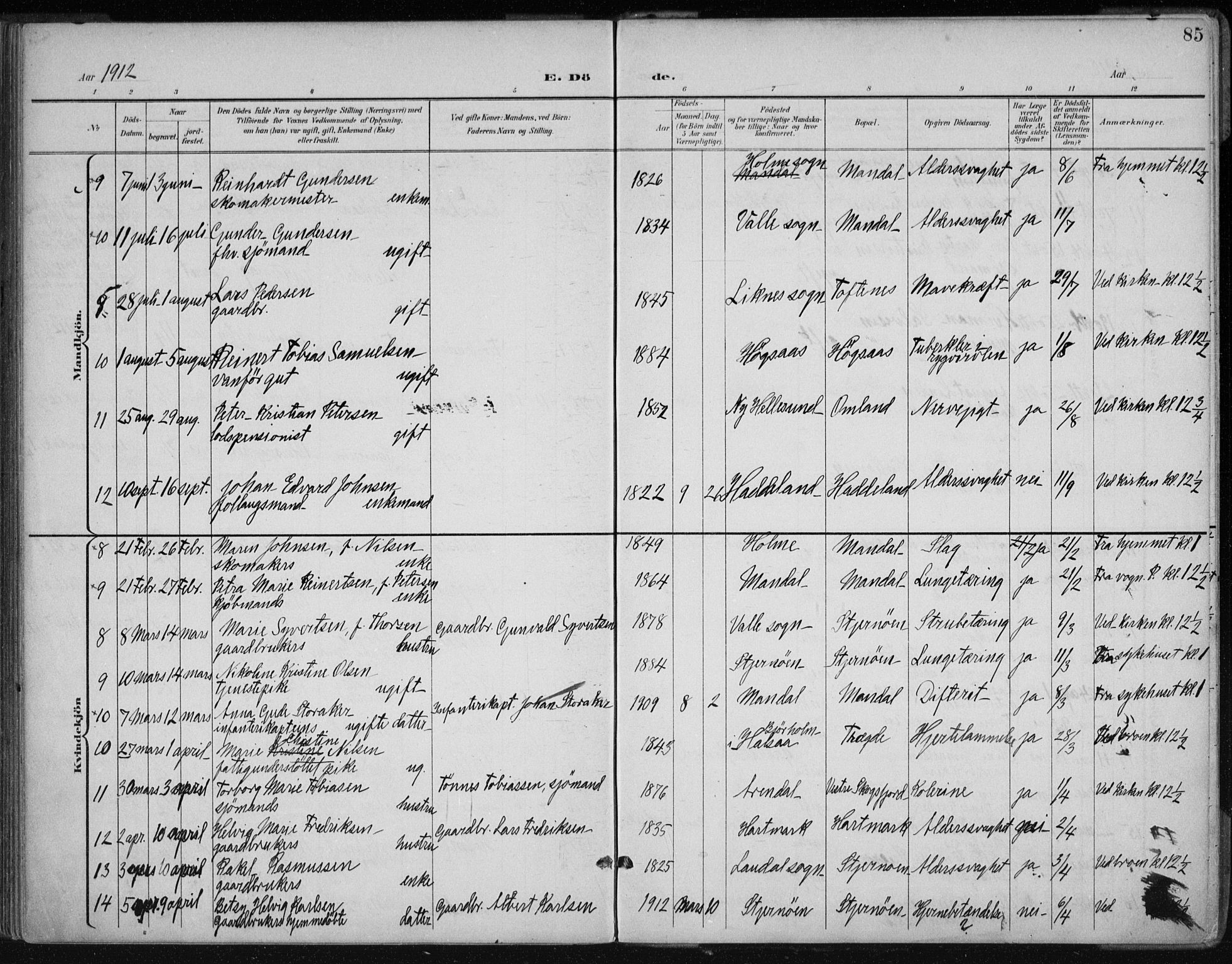 Mandal sokneprestkontor, AV/SAK-1111-0030/F/Fa/Faa/L0021: Parish register (official) no. A 21, 1898-1913, p. 85