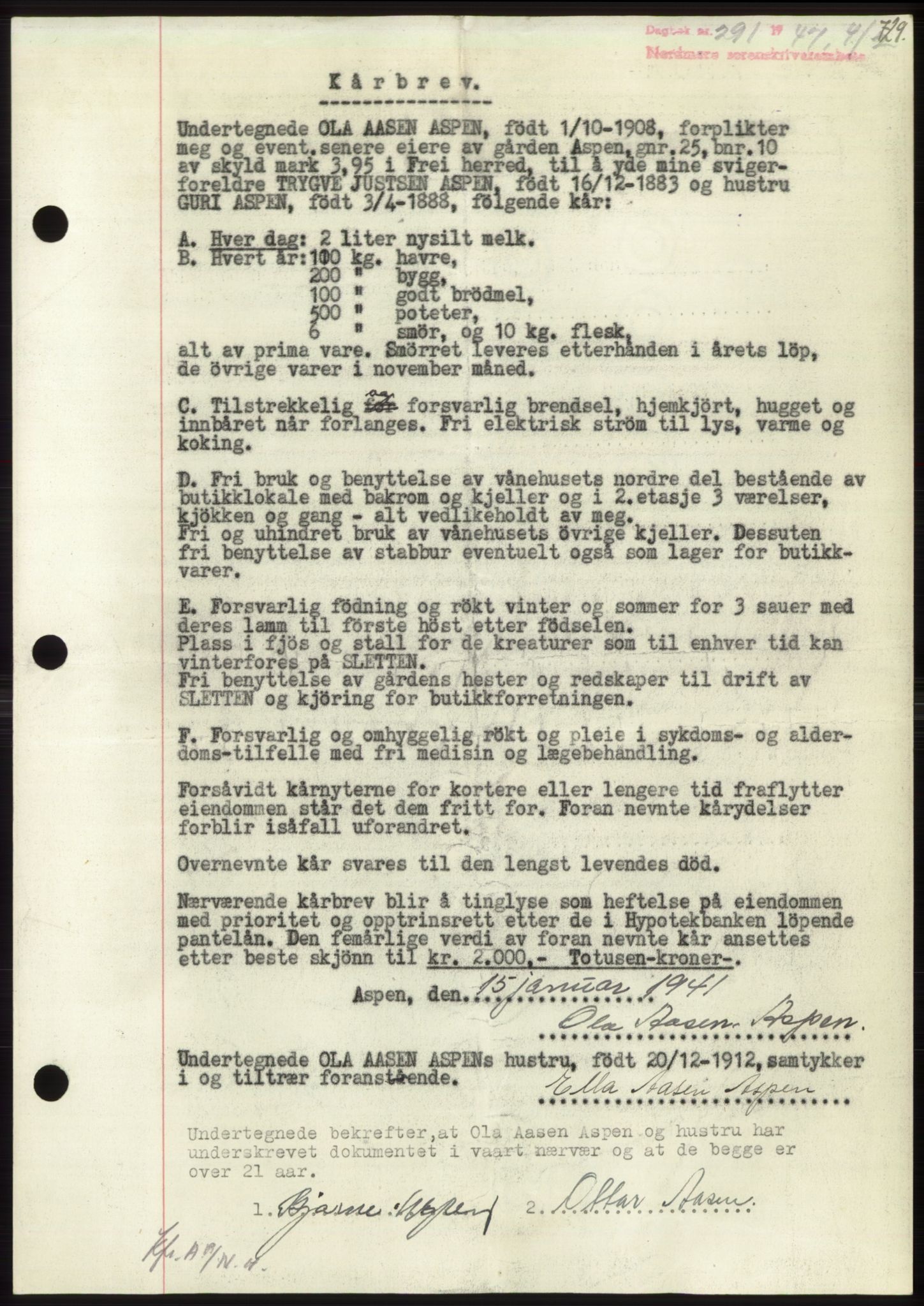 Nordmøre sorenskriveri, AV/SAT-A-4132/1/2/2Ca: Mortgage book no. B95, 1946-1947, Diary no: : 291/1947