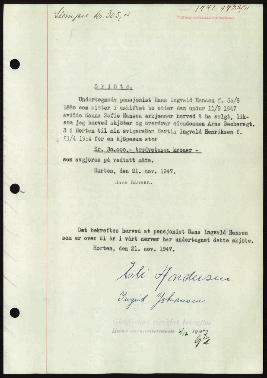 Horten sorenskriveri, AV/SAKO-A-133/G/Ga/Gaa/L0010: Mortgage book no. A-10, 1947-1948, Diary no: : 1741/1947