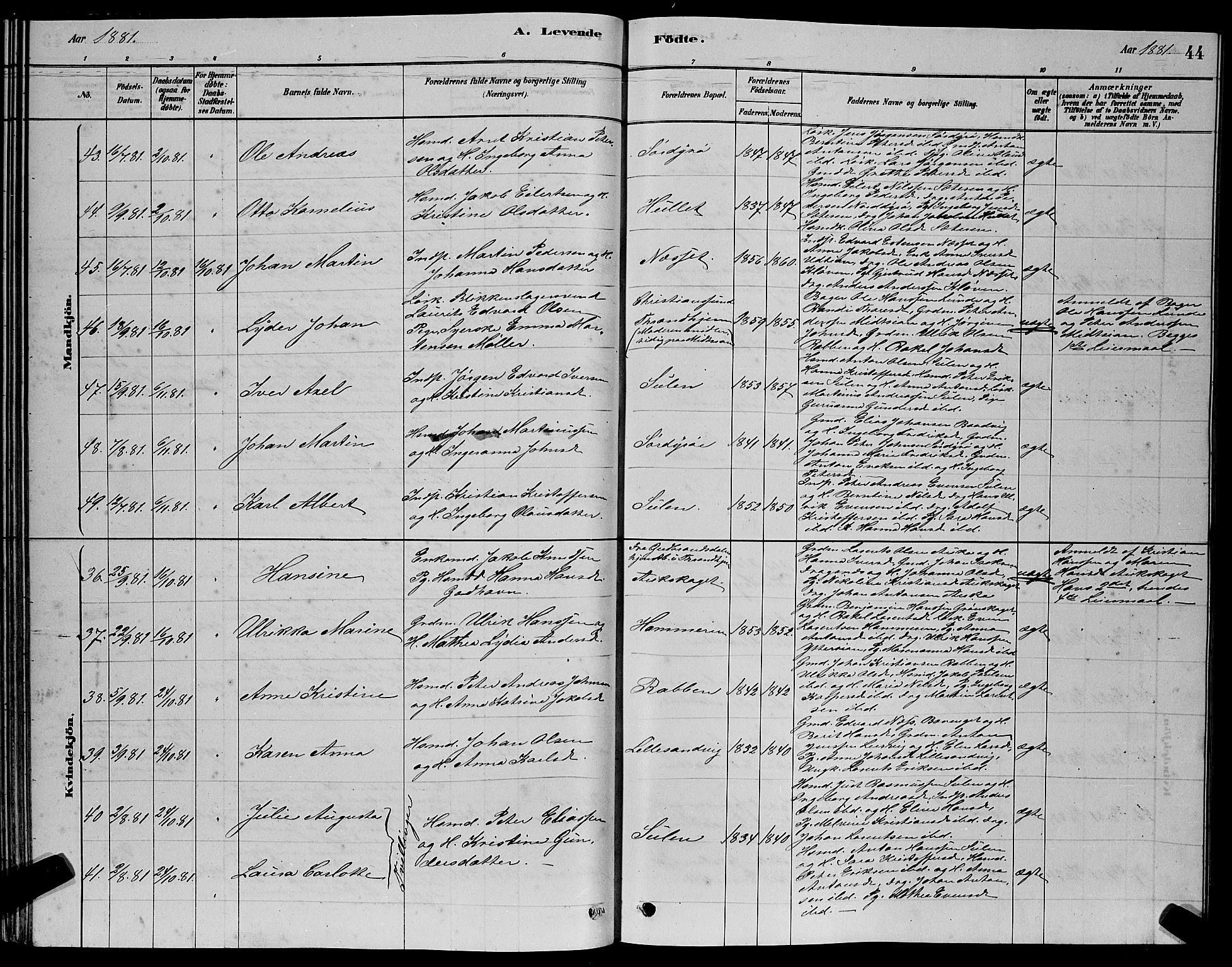 Ministerialprotokoller, klokkerbøker og fødselsregistre - Sør-Trøndelag, AV/SAT-A-1456/640/L0585: Parish register (copy) no. 640C03, 1878-1891, p. 44