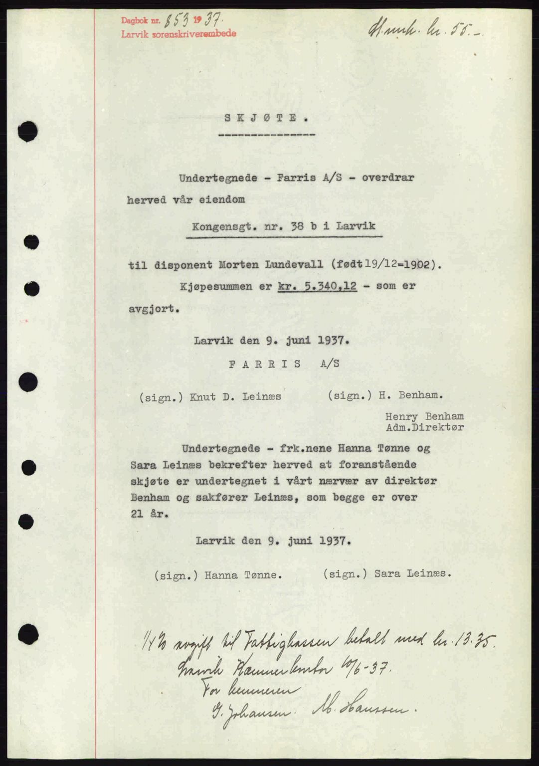 Larvik sorenskriveri, SAKO/A-83/G/Ga/Gab/L0067: Mortgage book no. A-1, 1936-1937, Diary no: : 853/1937