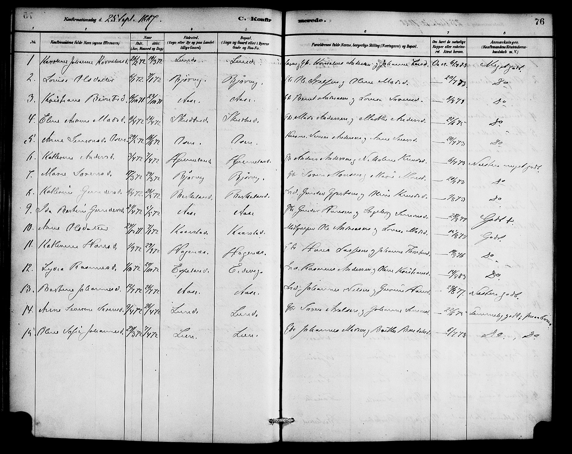 Gaular sokneprestembete, AV/SAB-A-80001/H/Haa: Parish register (official) no. C 1, 1882-1897, p. 76