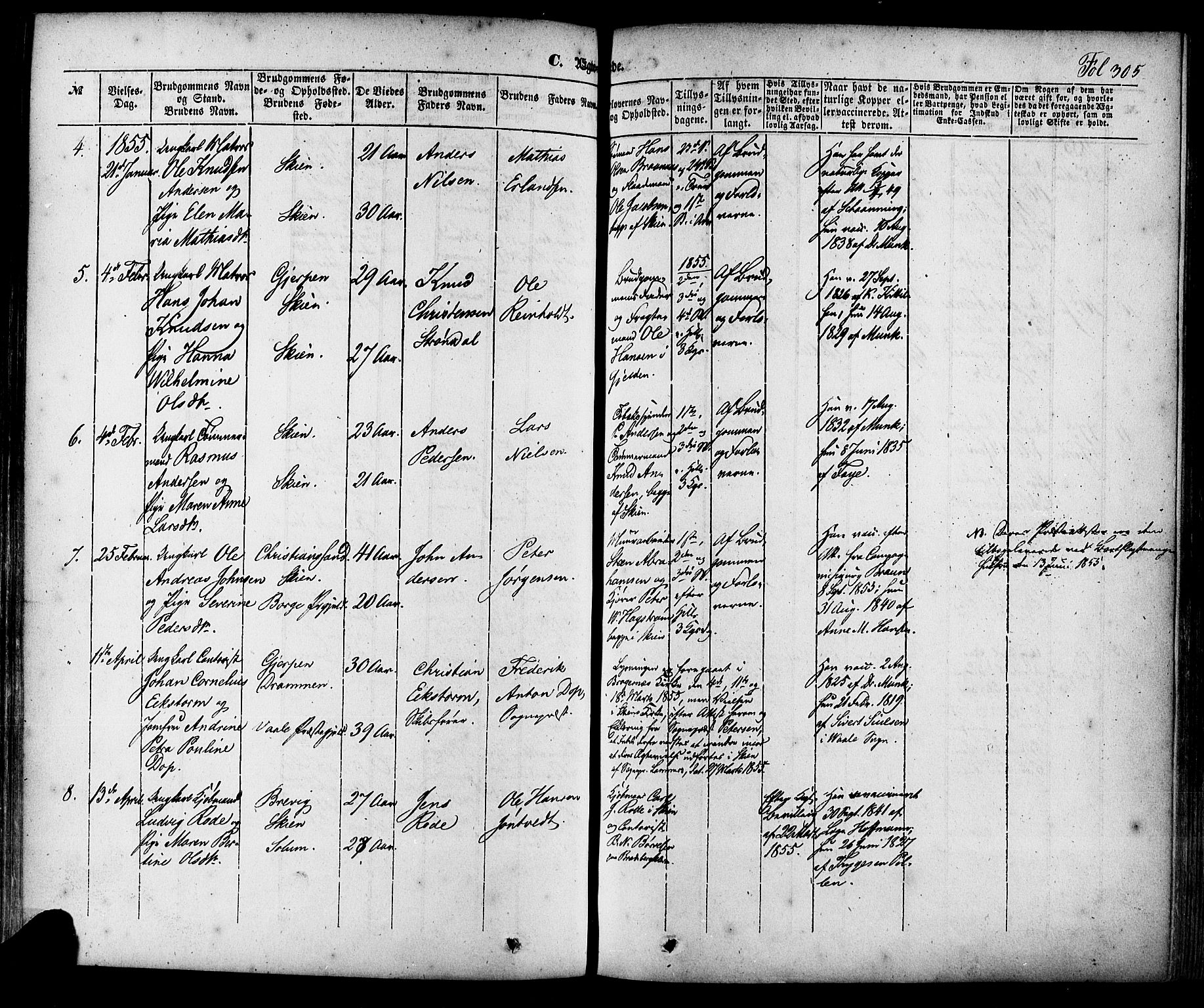 Skien kirkebøker, SAKO/A-302/F/Fa/L0006a: Parish register (official) no. 6A, 1843-1856, p. 305
