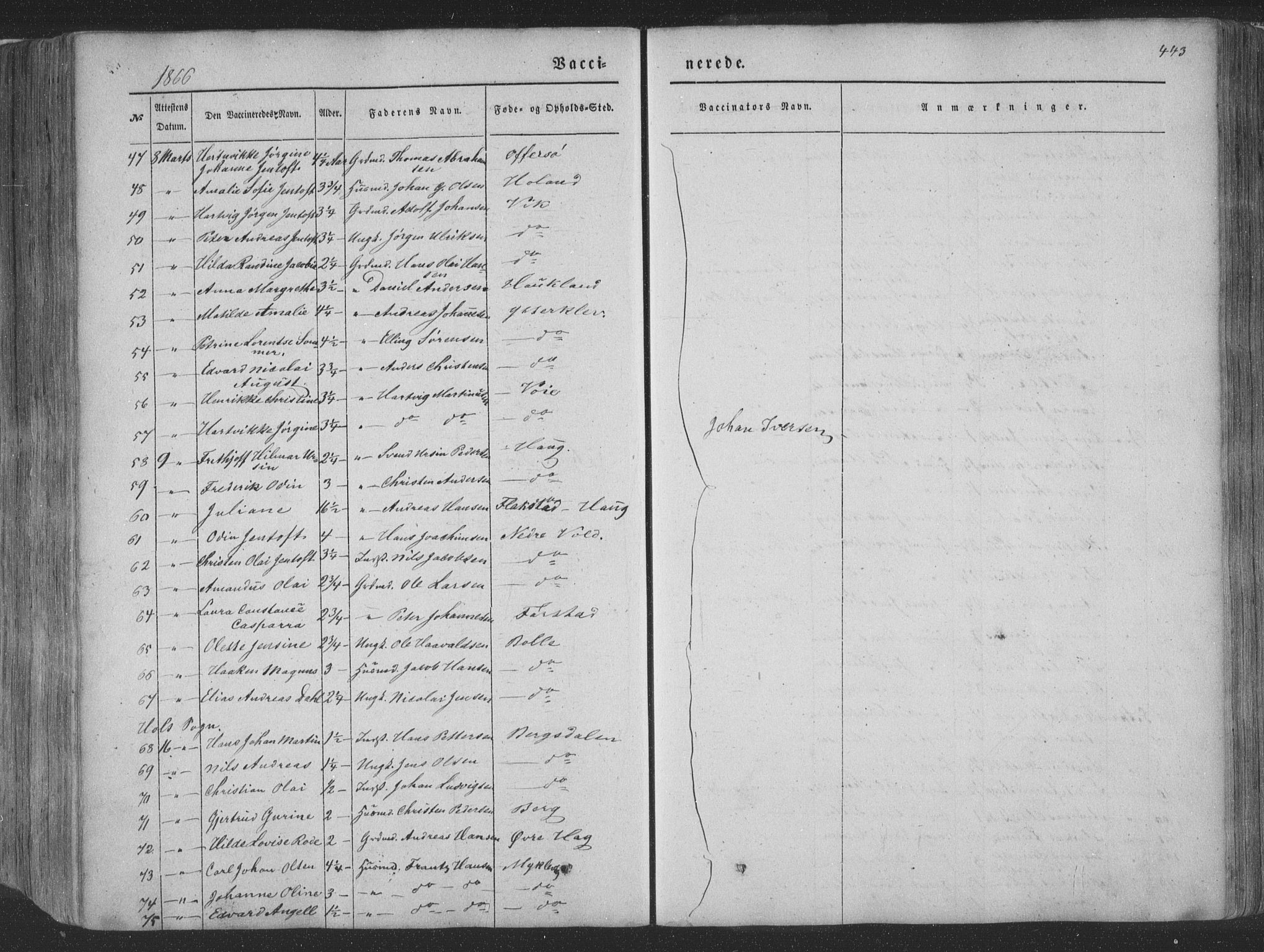 Ministerialprotokoller, klokkerbøker og fødselsregistre - Nordland, AV/SAT-A-1459/881/L1165: Parish register (copy) no. 881C02, 1854-1876, p. 443