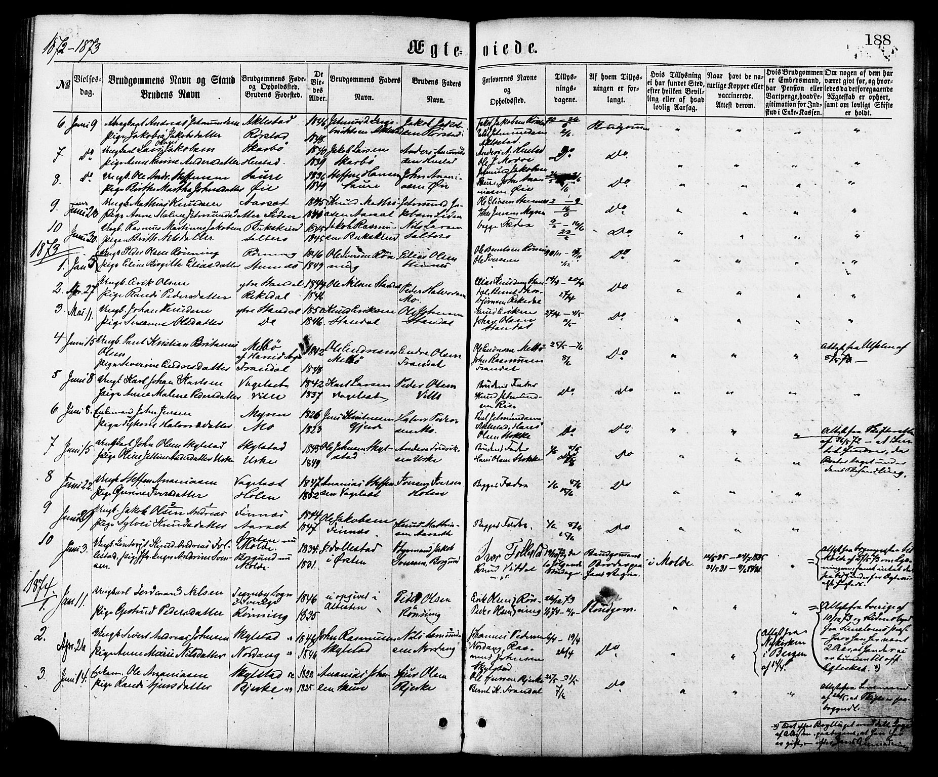 Ministerialprotokoller, klokkerbøker og fødselsregistre - Møre og Romsdal, SAT/A-1454/515/L0210: Parish register (official) no. 515A06, 1868-1885, p. 188