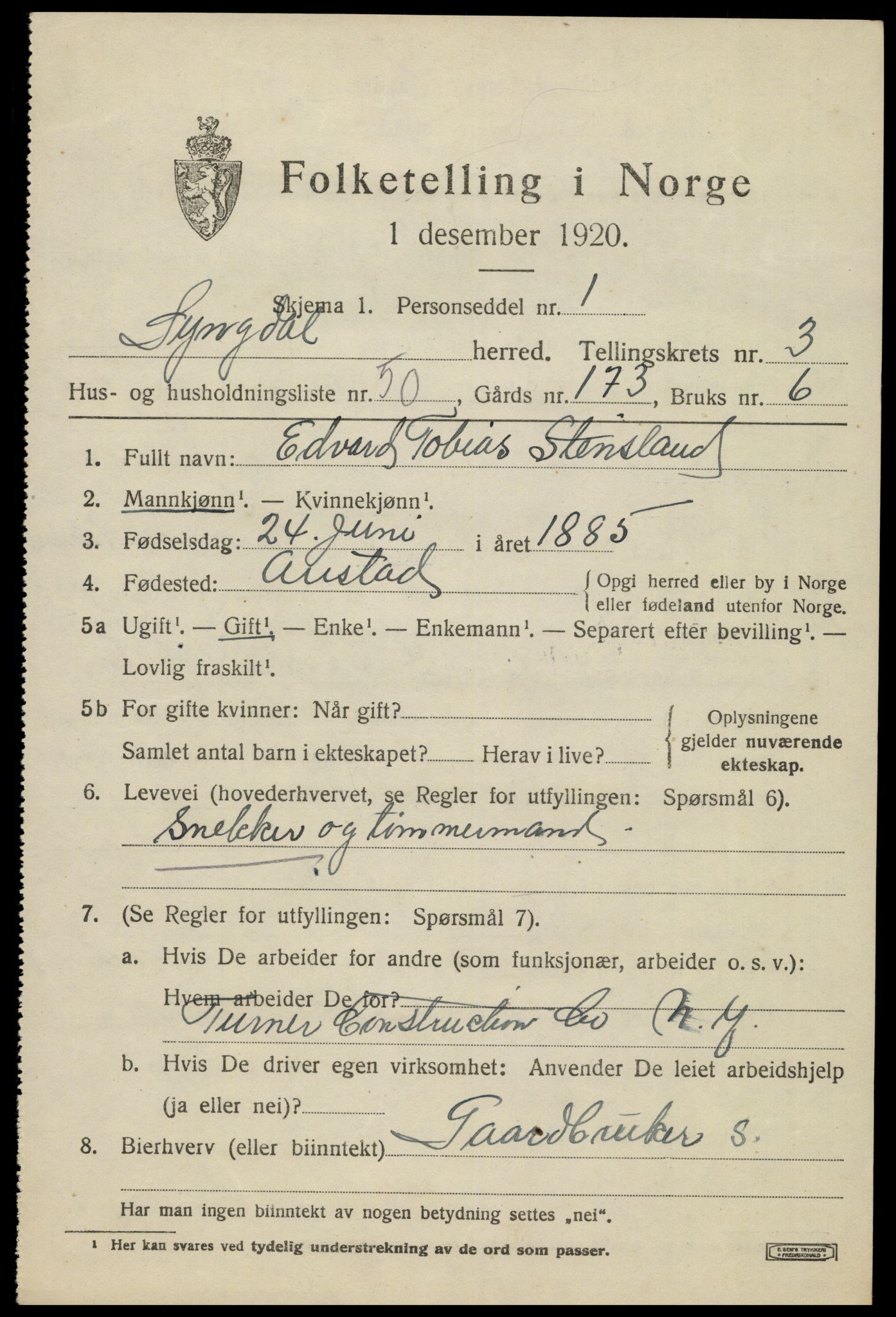 SAK, 1920 census for Lyngdal, 1920, p. 2323