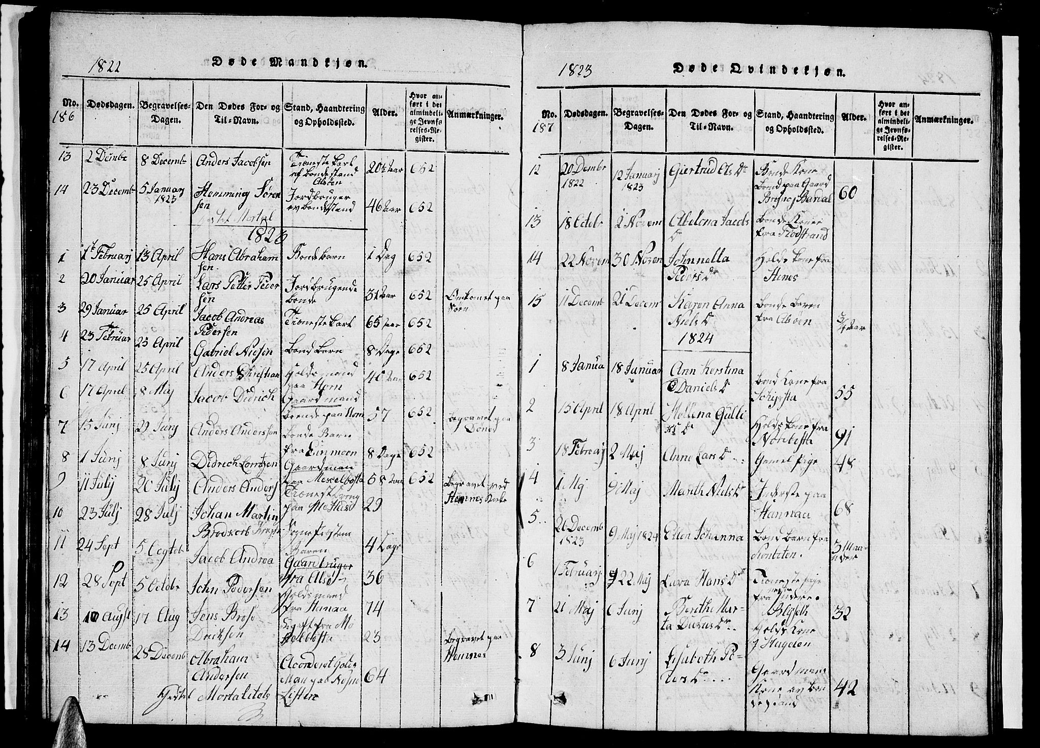 Ministerialprotokoller, klokkerbøker og fødselsregistre - Nordland, AV/SAT-A-1459/838/L0554: Parish register (copy) no. 838C01, 1820-1828, p. 186-187