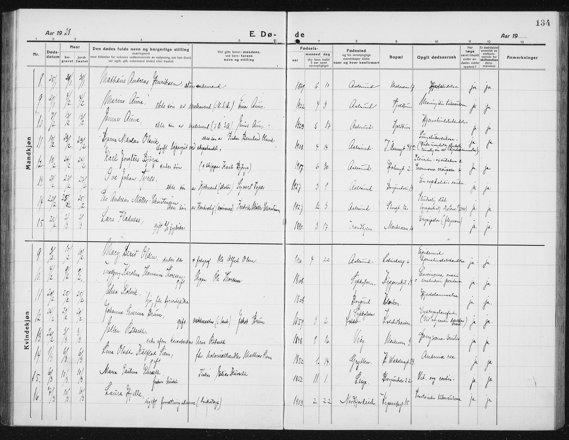 Ministerialprotokoller, klokkerbøker og fødselsregistre - Møre og Romsdal, AV/SAT-A-1454/529/L0474: Parish register (copy) no. 529C11, 1918-1938, p. 134