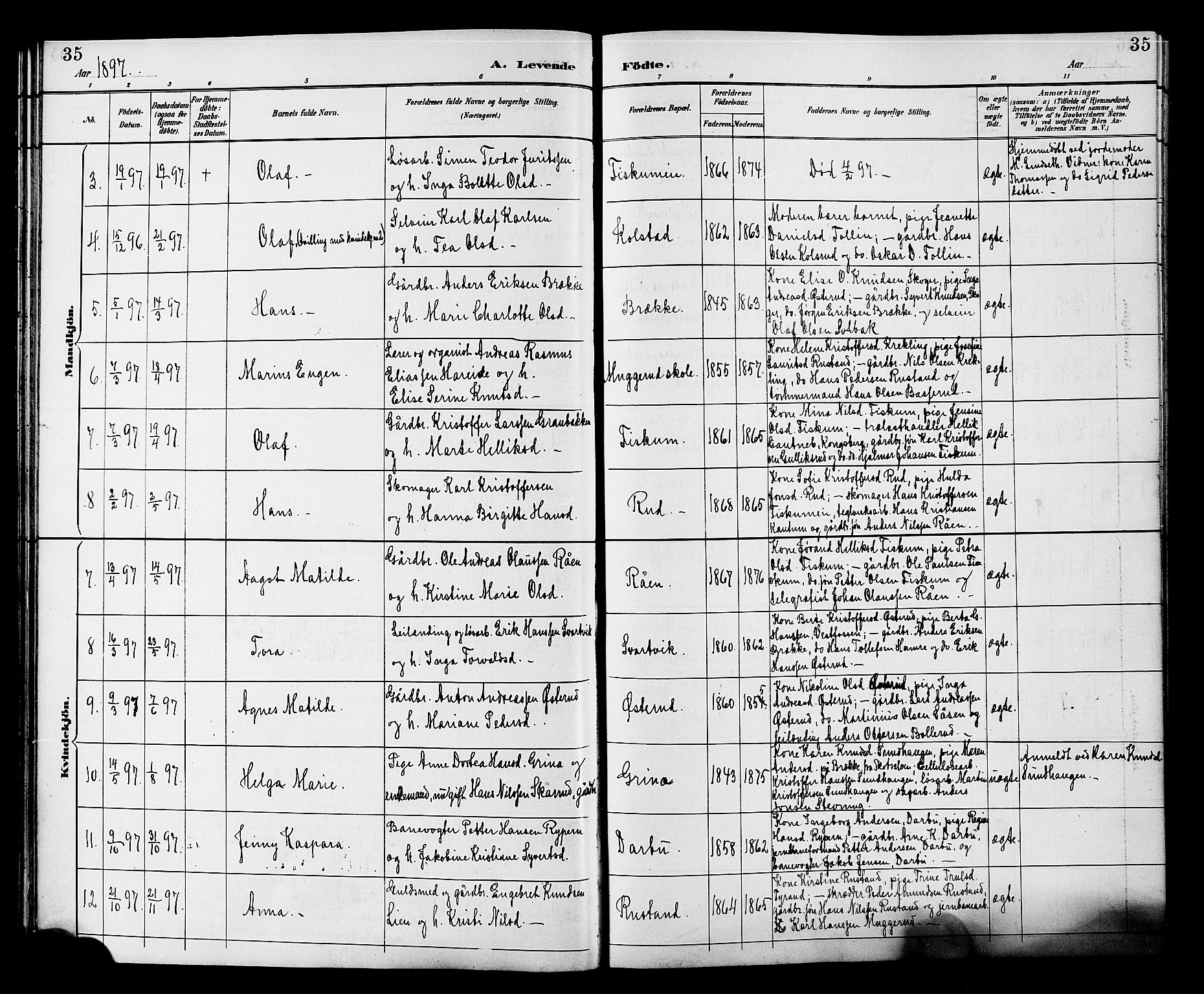 Fiskum kirkebøker, AV/SAKO-A-15/G/Ga/L0005: Parish register (copy) no. 5, 1887-1912, p. 35