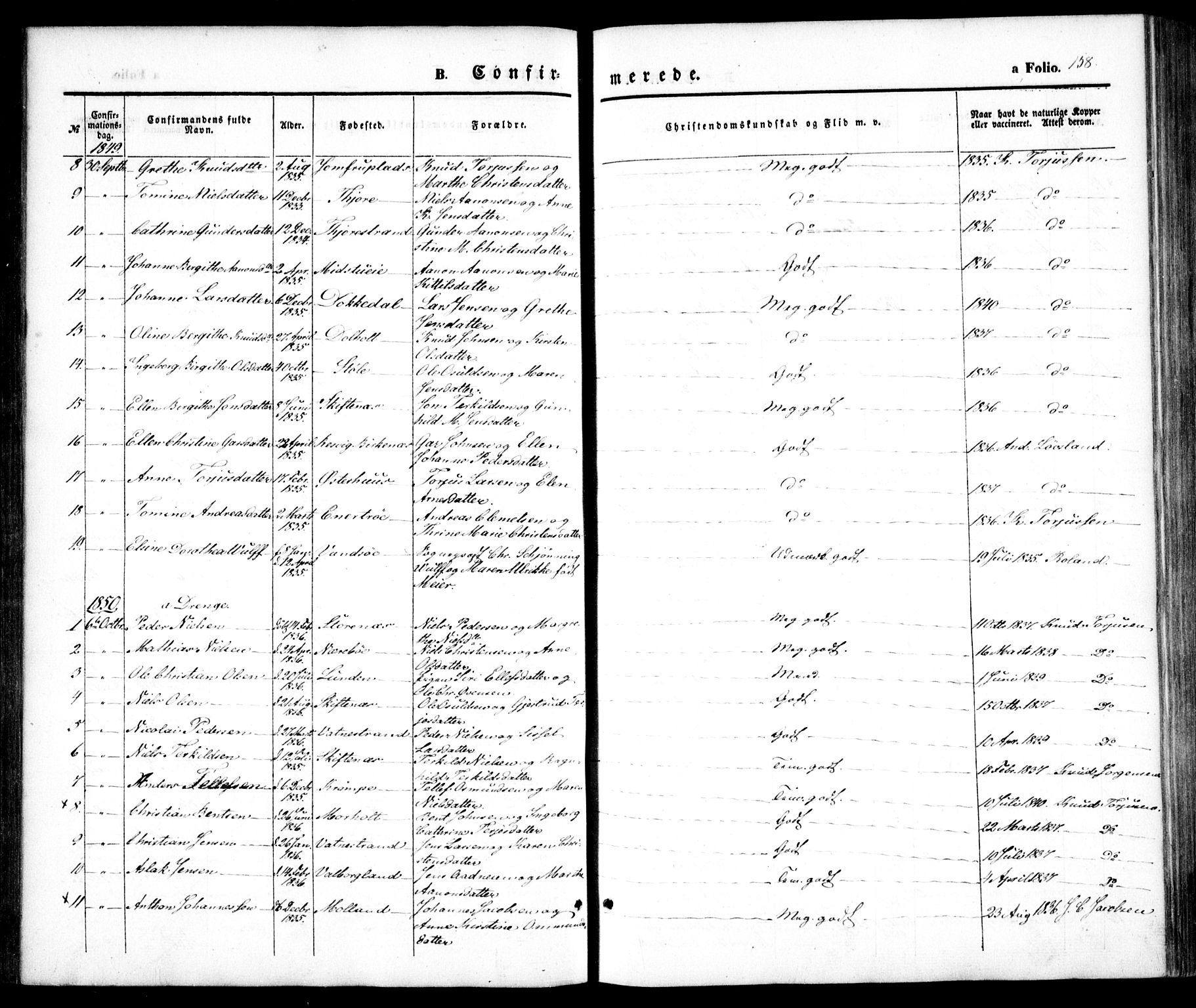 Hommedal sokneprestkontor, AV/SAK-1111-0023/F/Fa/Fab/L0004: Parish register (official) no. A 4, 1848-1860, p. 158