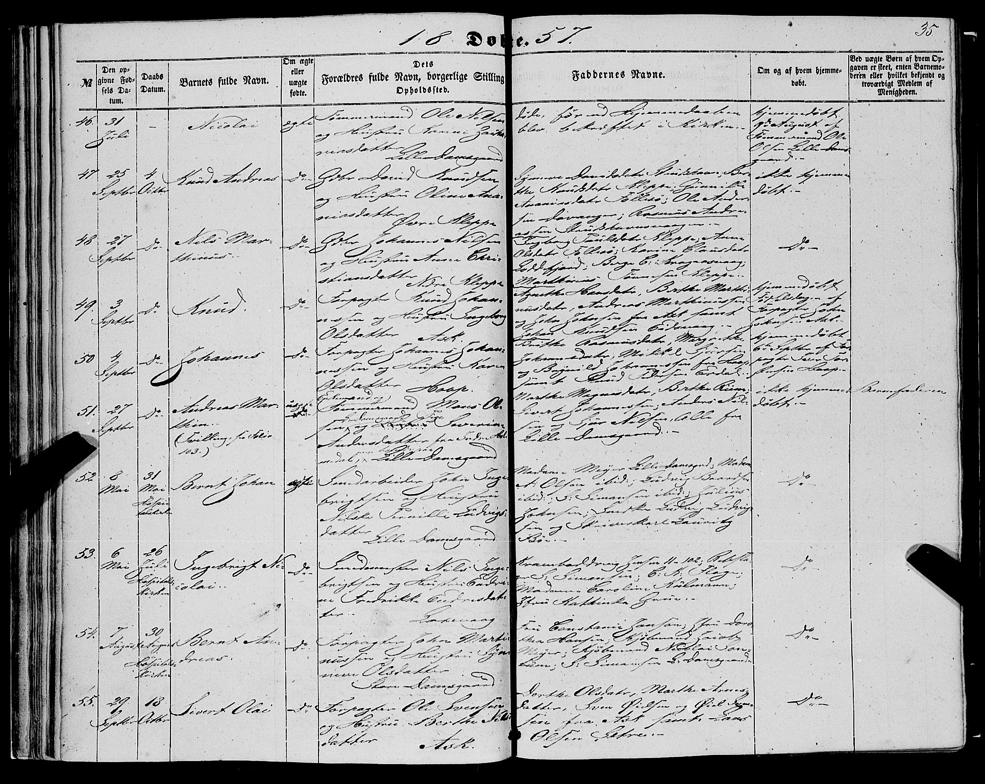 Askøy Sokneprestembete, AV/SAB-A-74101/H/Ha/Haa/Haaa/L0008: Parish register (official) no. A 8, 1852-1862, p. 35