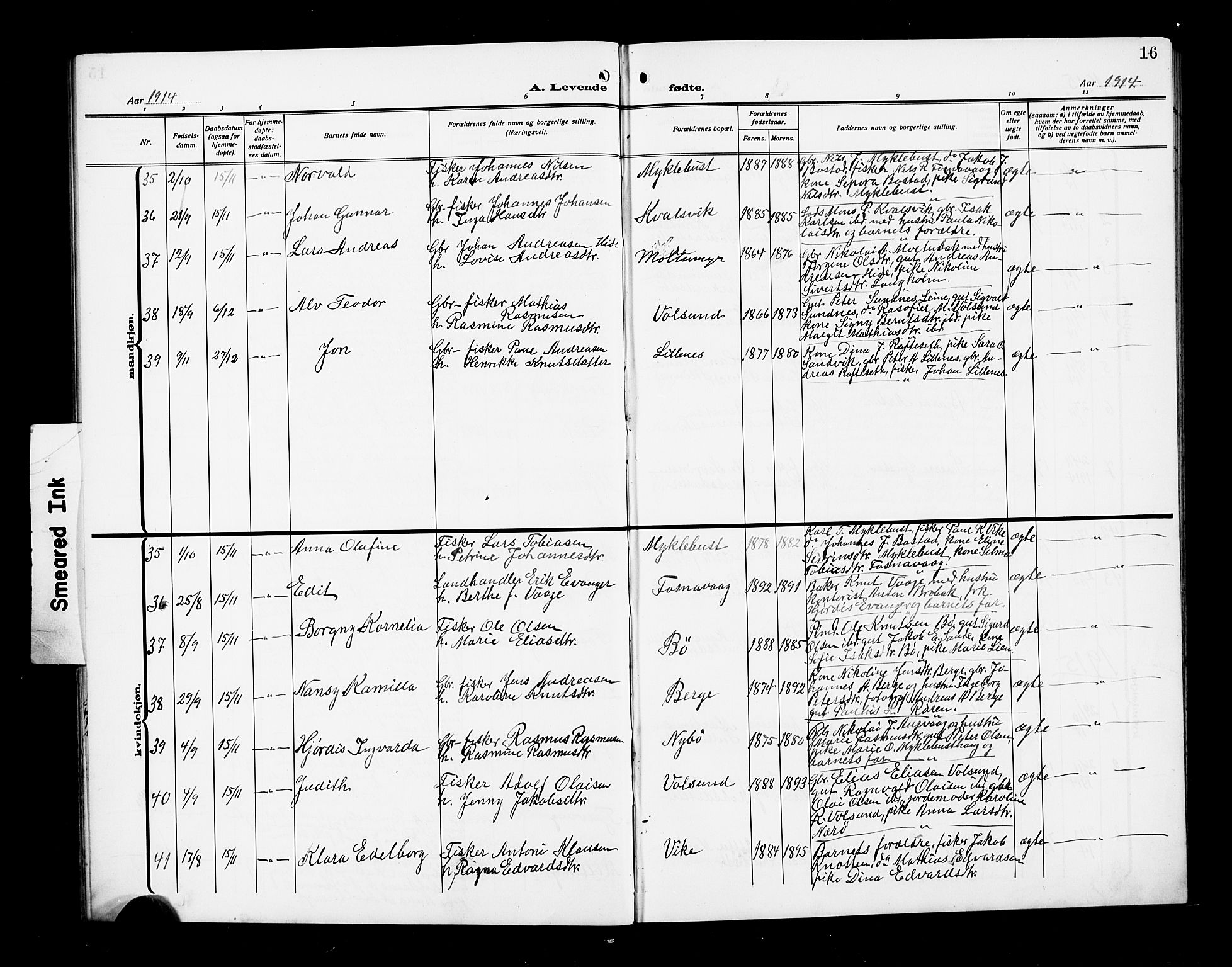 Ministerialprotokoller, klokkerbøker og fødselsregistre - Møre og Romsdal, AV/SAT-A-1454/507/L0083: Parish register (copy) no. 507C06, 1912-1919, p. 16