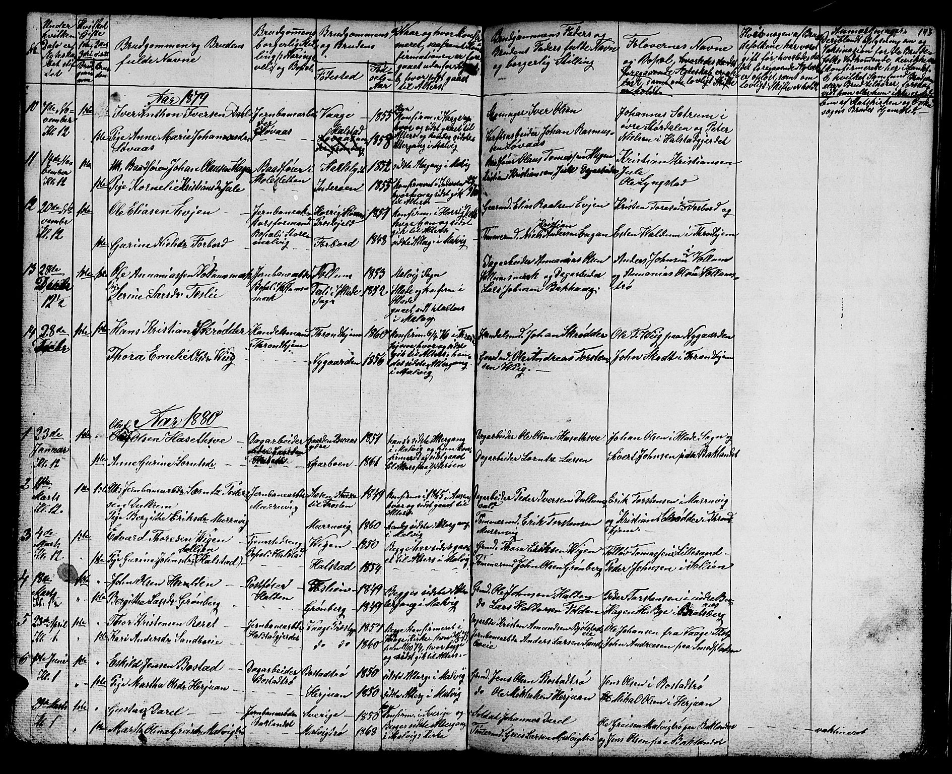 Ministerialprotokoller, klokkerbøker og fødselsregistre - Sør-Trøndelag, SAT/A-1456/616/L0422: Parish register (copy) no. 616C05, 1850-1888, p. 143